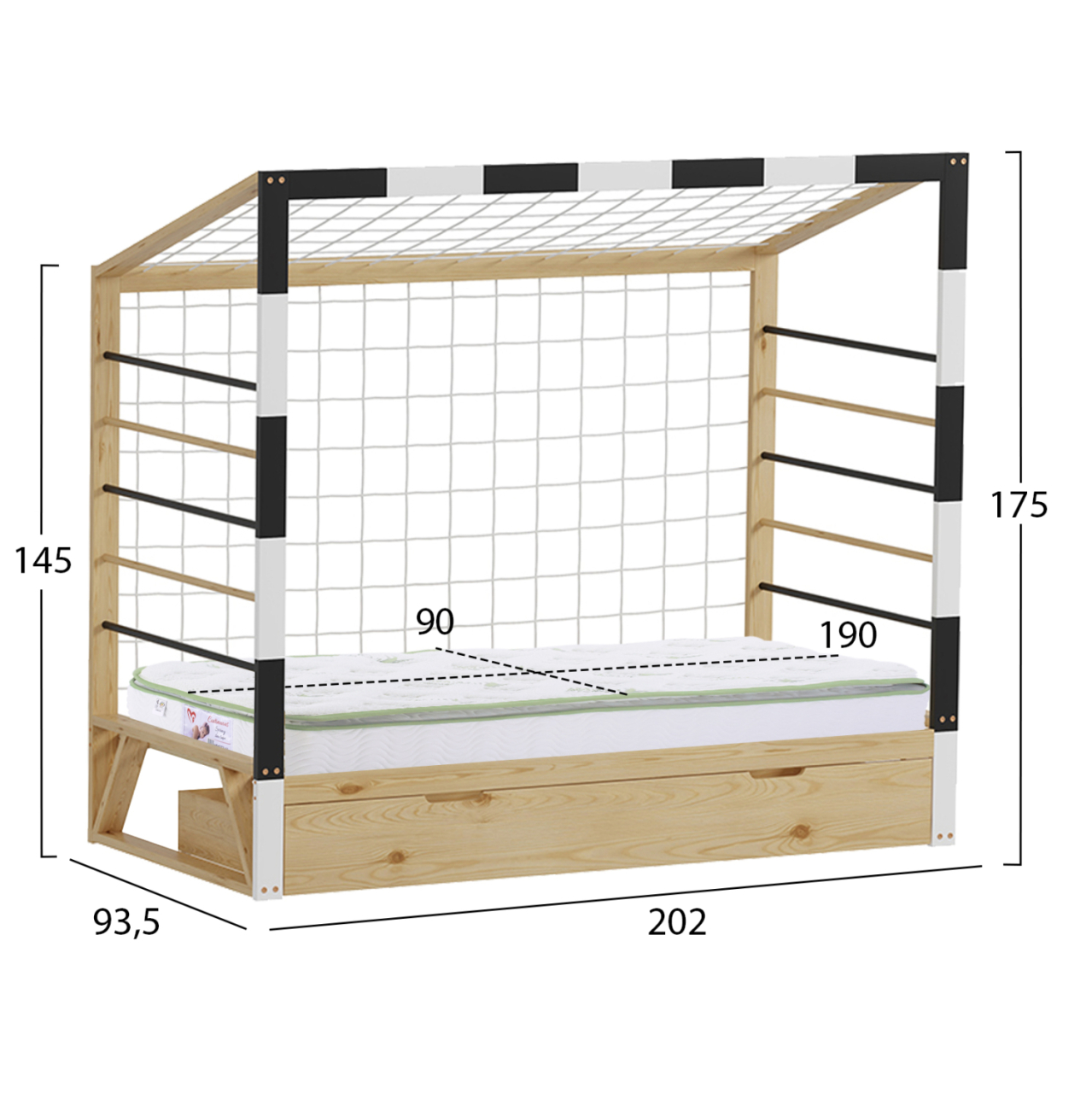 BED WITH MATTRESS GOALIE HM21309 PINE WOOD IN NATURAL-WHITE-BLACK--MATTRESS 90x190cm [3]