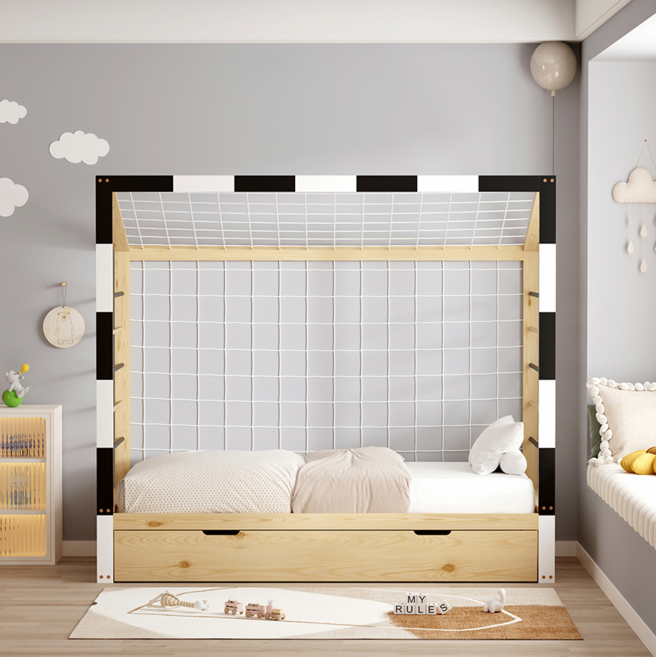 BED WITH MATTRESS GOALIE HM21309 PINE WOOD IN NATURAL-WHITE-BLACK--MATTRESS 90x190cm [5]