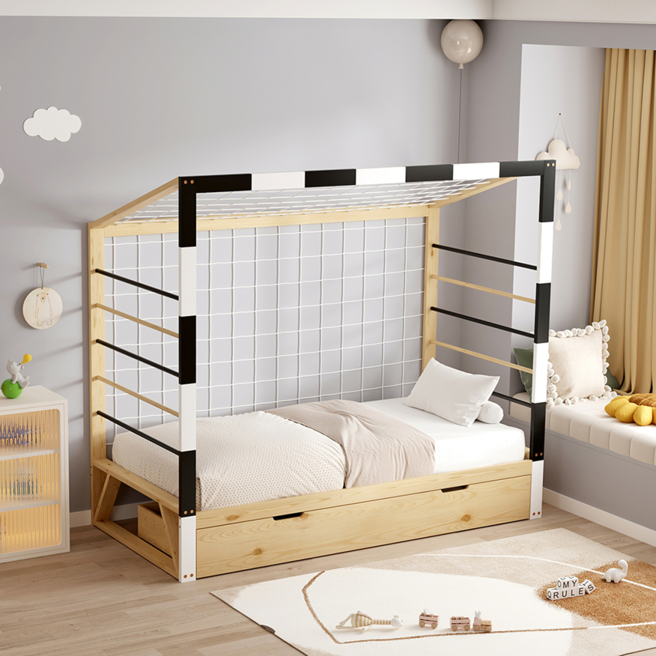 BED WITH MATTRESS GOALIE HM21309 PINE WOOD IN NATURAL-WHITE-BLACK--MATTRESS 90x190cm [2]