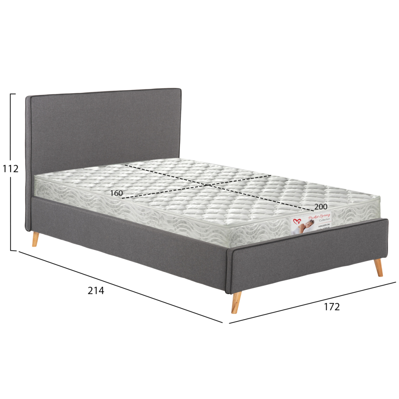 BED WITH MATTRESS INDRA HM21280.01 GREY FABRIC--FOR MATTRESS 160x200cm [3]