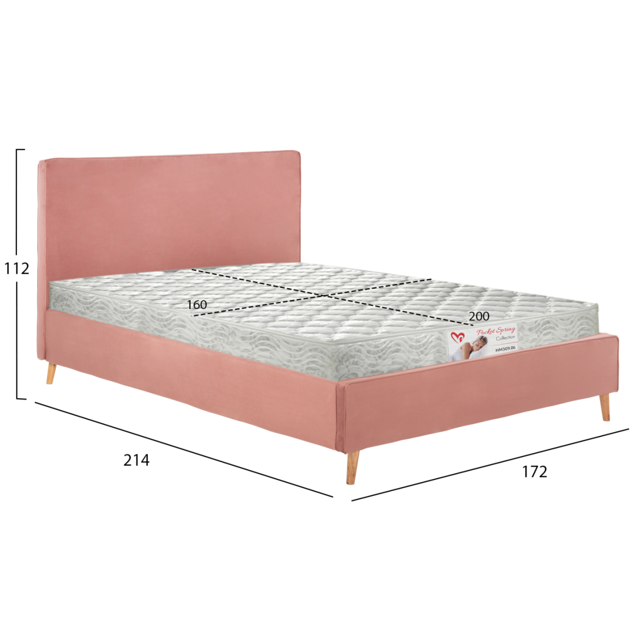 BED WITH MATTRESS INDRA HM21280.03 DUSTY PINK VELVET--FOR MATTRESS 160x200cm [3]