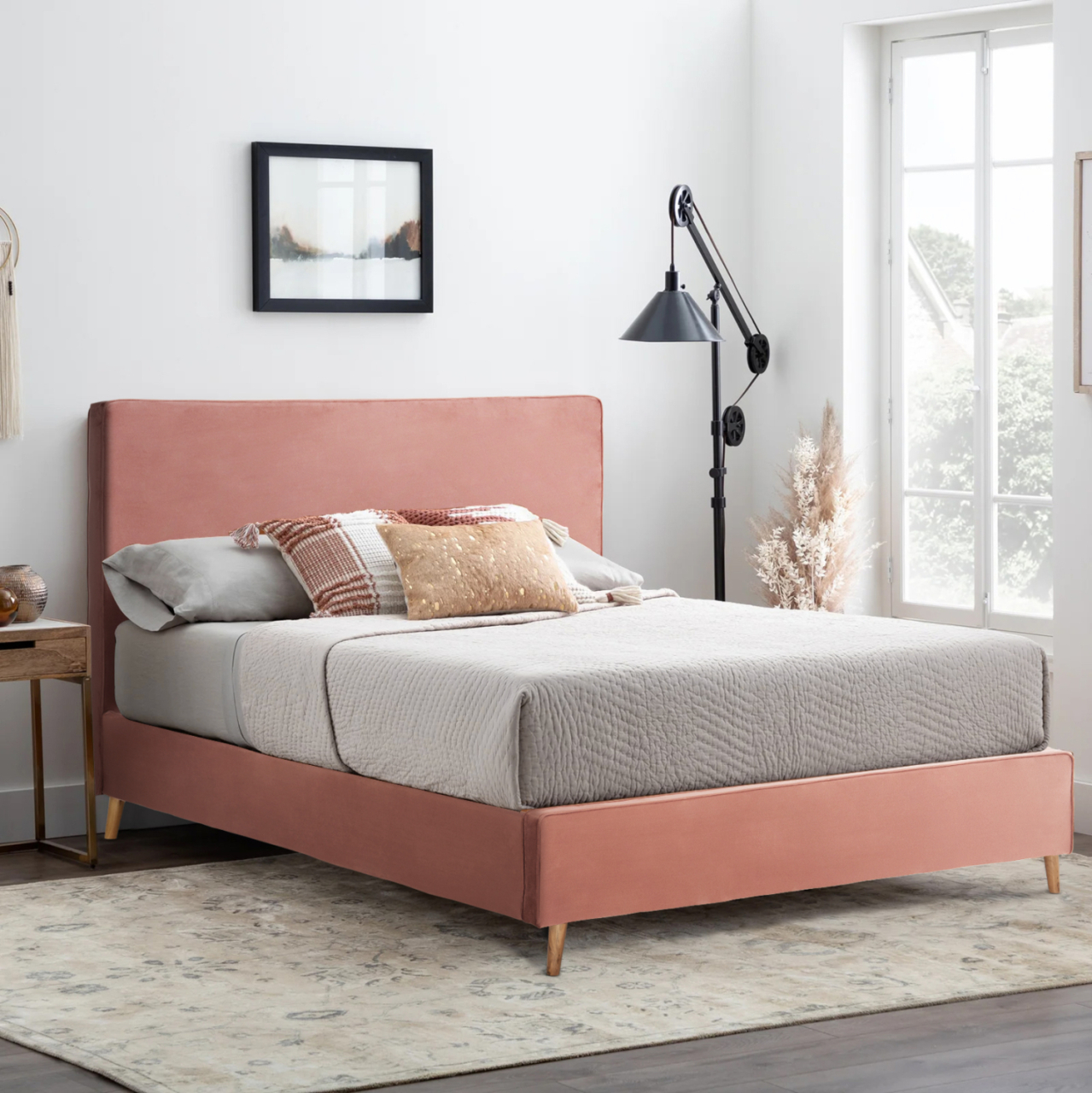 BED WITH MATTRESS INDRA HM21280.03 DUSTY PINK VELVET--FOR MATTRESS 160x200cm [2]