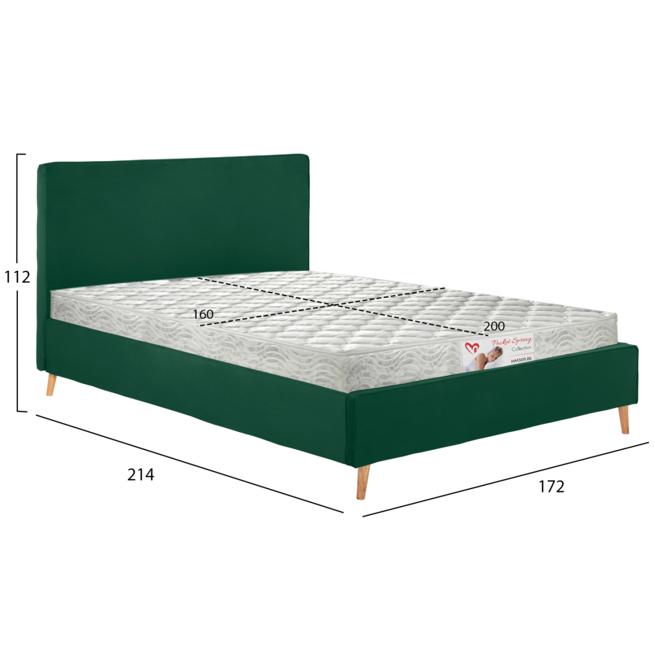 BED WITH MATTRESS INDRA HM21280.04 CYPRESS GREEN VELVET--FOR MATTRESS 160x200cm [3]