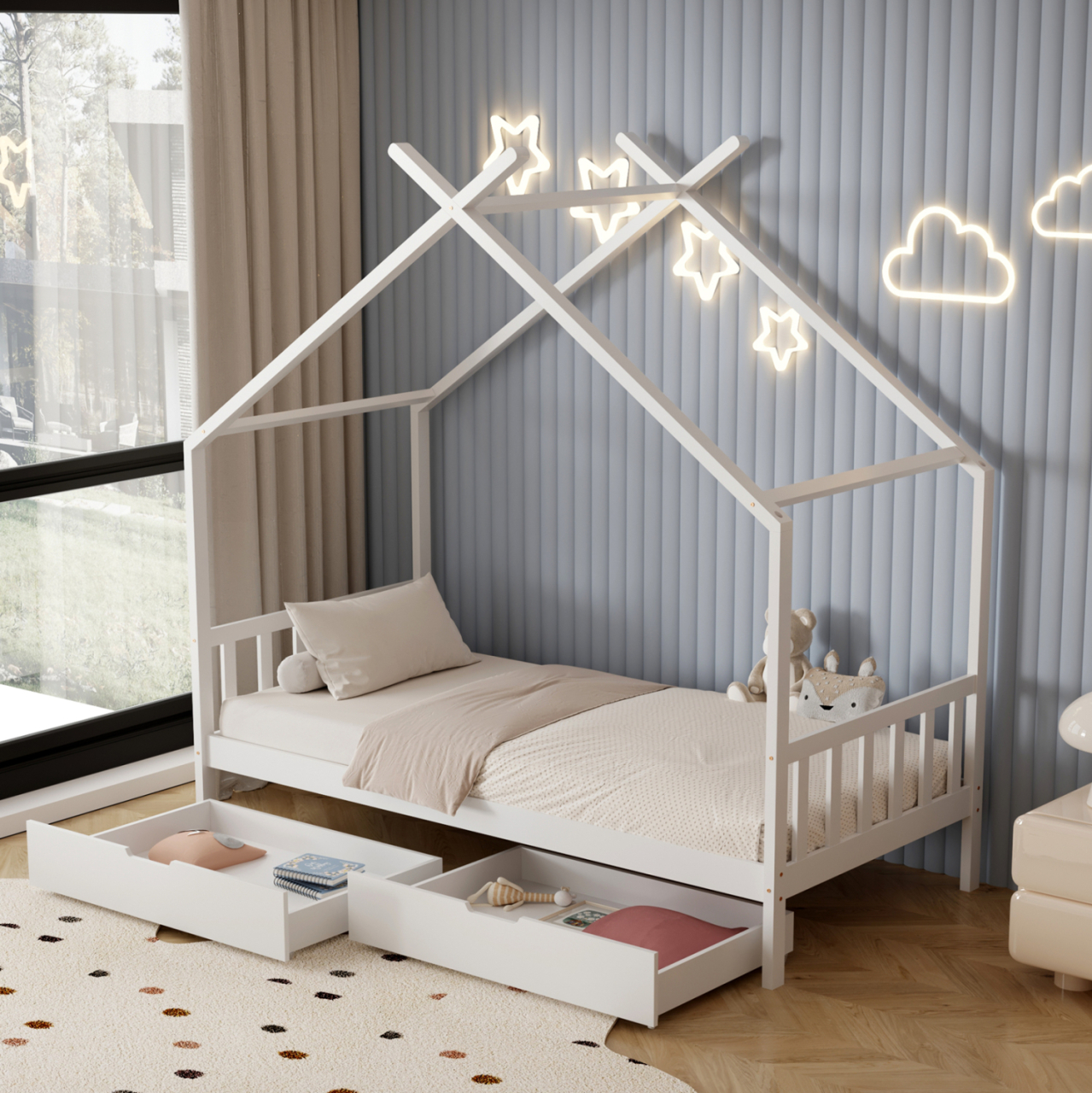 BED WITH MATTRESS KLARICE HM21305.01 PINE WOOD IN WHITE COLOR--MATTRESS 90x190cm [2]