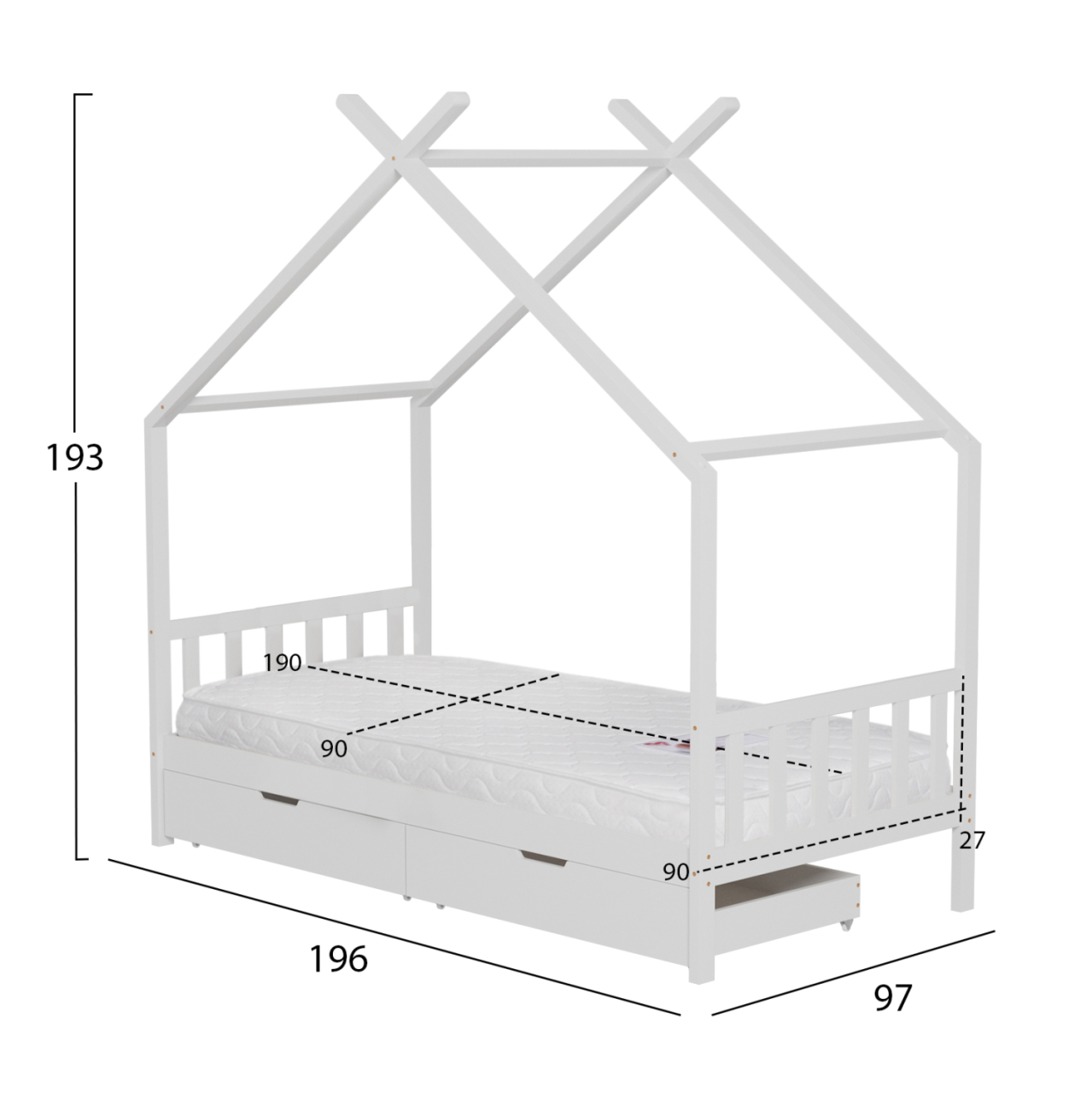 BED WITH MATTRESS KLARICE HM21305.01 PINE WOOD IN WHITE COLOR--MATTRESS 90x190cm [3]
