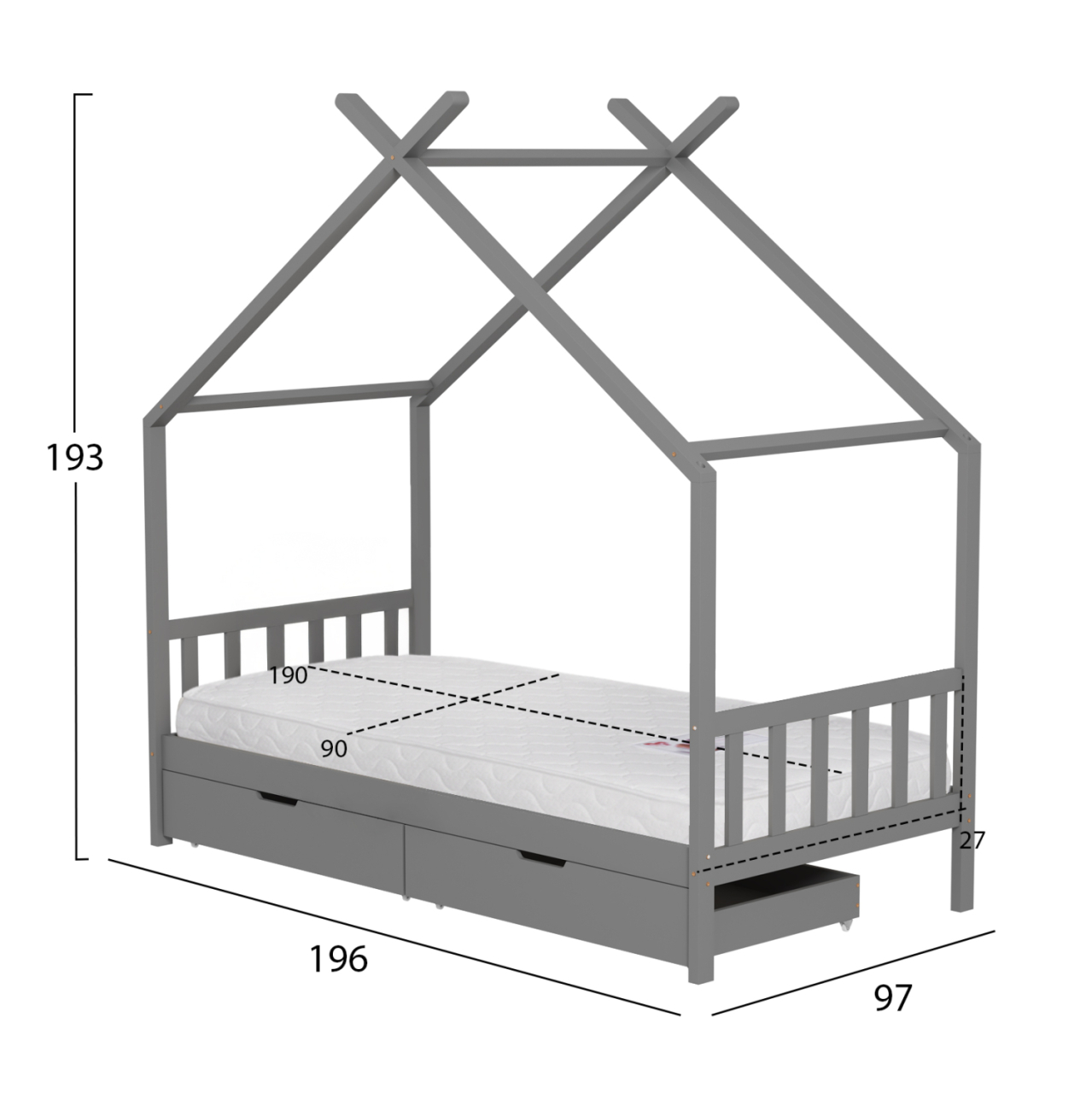 BED WITH MATTRESS KLARICE HM21305.02 PINE WOOD IN GREY COLOR--MATTRESS 90x190cm [3]