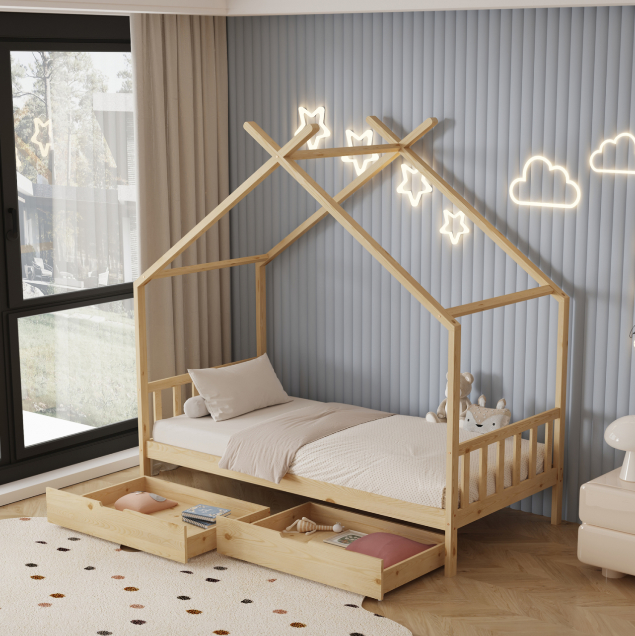 BED WITH MATTRESS KLARICE HM21305 PINE WOOD IN NATURAL WOOD COLOR--MATTRESS 90x190cm [2]