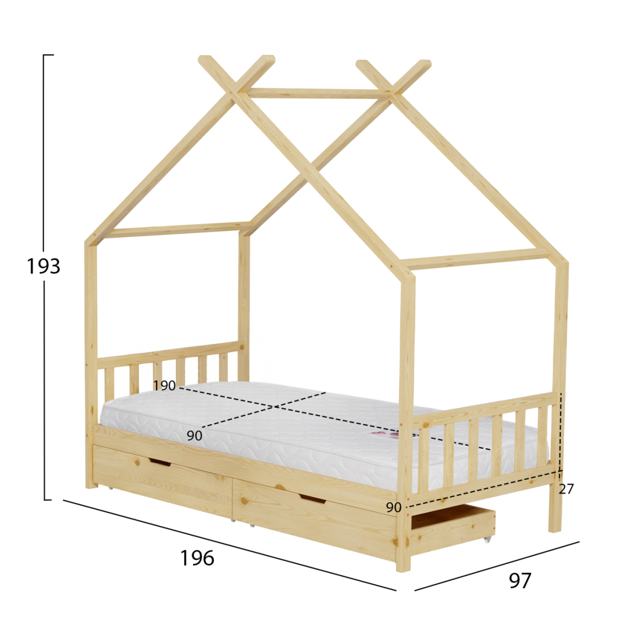 BED WITH MATTRESS KLARICE HM21305 PINE WOOD IN NATURAL WOOD COLOR--MATTRESS 90x190cm [3]