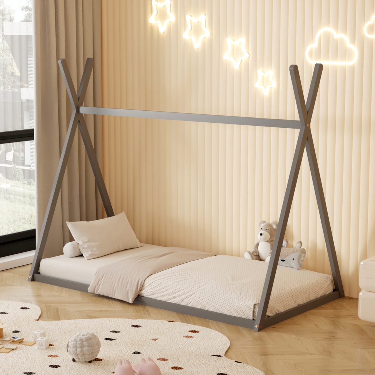 BED WITH MATTRESS MUNK HM21306.02 PINE WOOD IN GREY COLOR--MATTRESS 90x190cm [2]