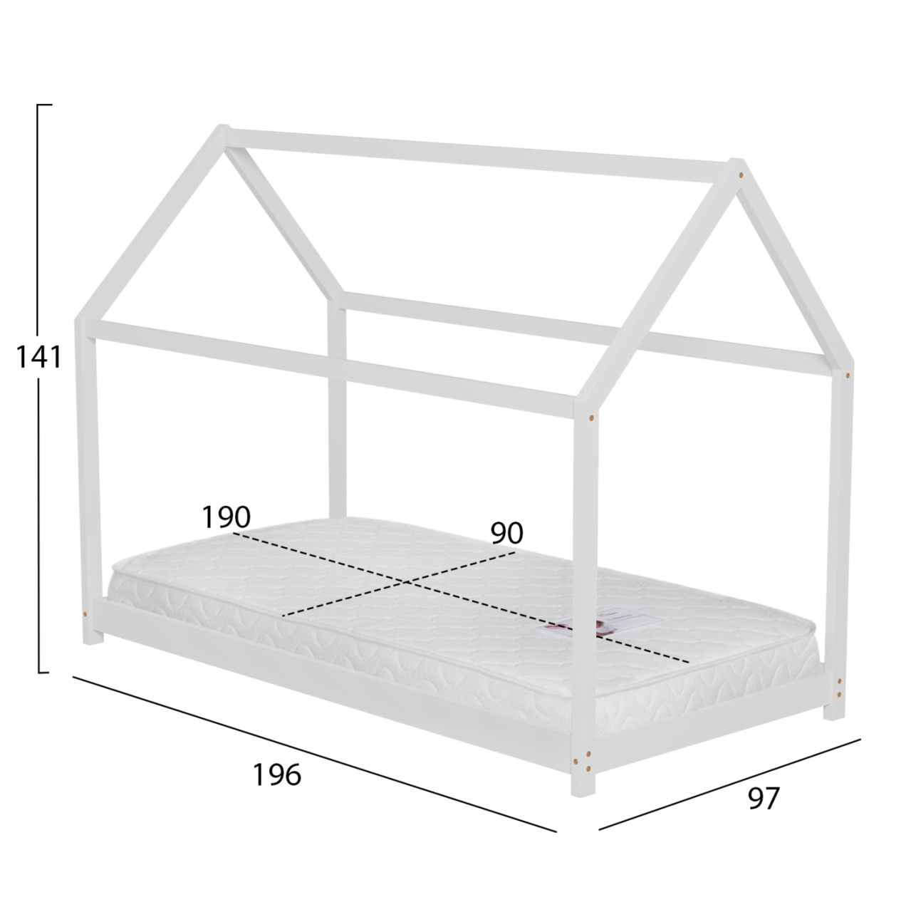 BED WITH MATTRESS PEPE HM21302.01 PINE WOOD IN WHITE COLOR--MATTRESS 90x190cm [3]