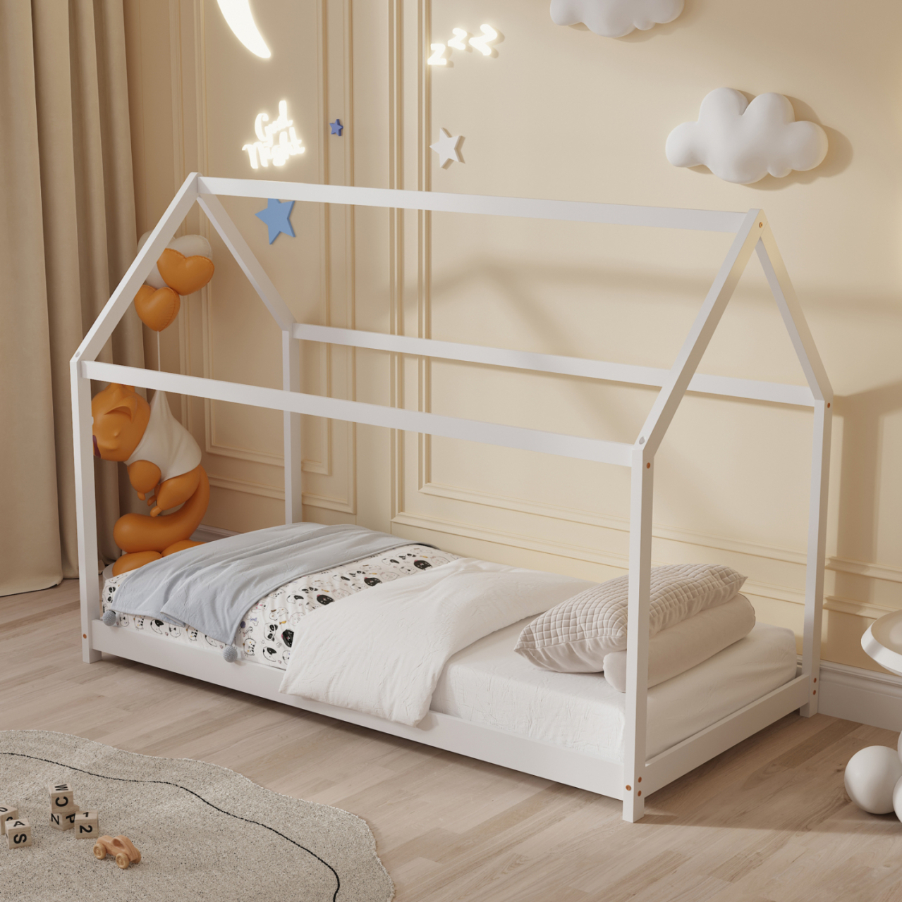 BED WITH MATTRESS PEPE HM21302.01 PINE WOOD IN WHITE COLOR--MATTRESS 90x190cm [2]