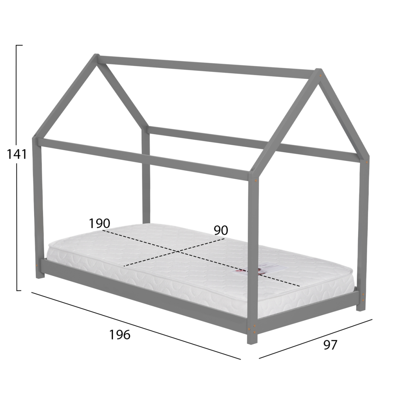 BED WITH MATTRESS PEPE HM21302.02 PINE WOOD IN GREY COLOR--MATTRESS 90x190cm [3]