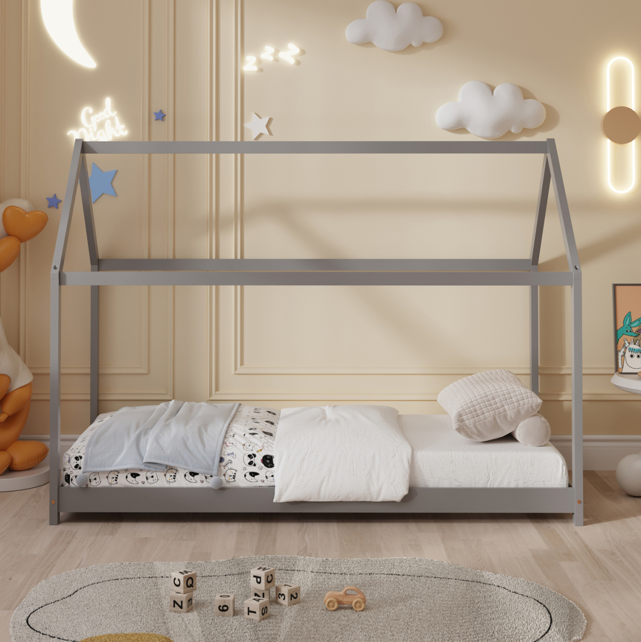 BED WITH MATTRESS PEPE HM21302.02 PINE WOOD IN GREY COLOR--MATTRESS 90x190cm [5]
