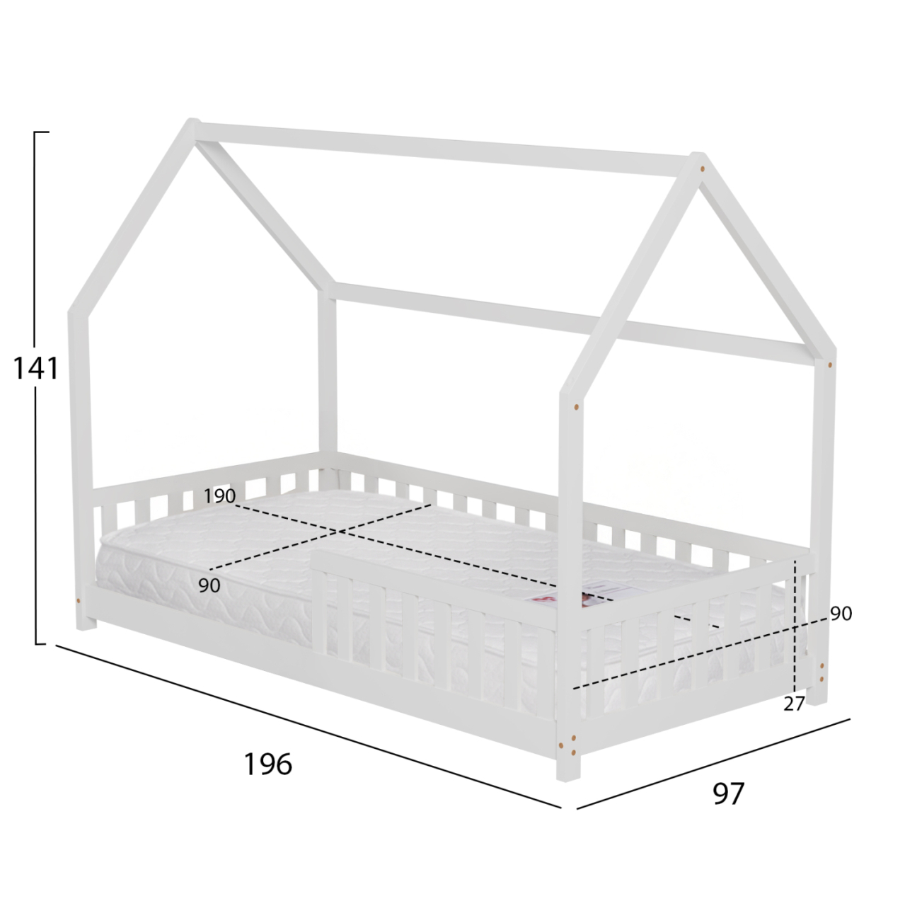BED WITH MATTRESS PHYLLIS HM21304.01 PINE WOOD IN WHITE COLOR--MATTRESS 90x190cm [3]