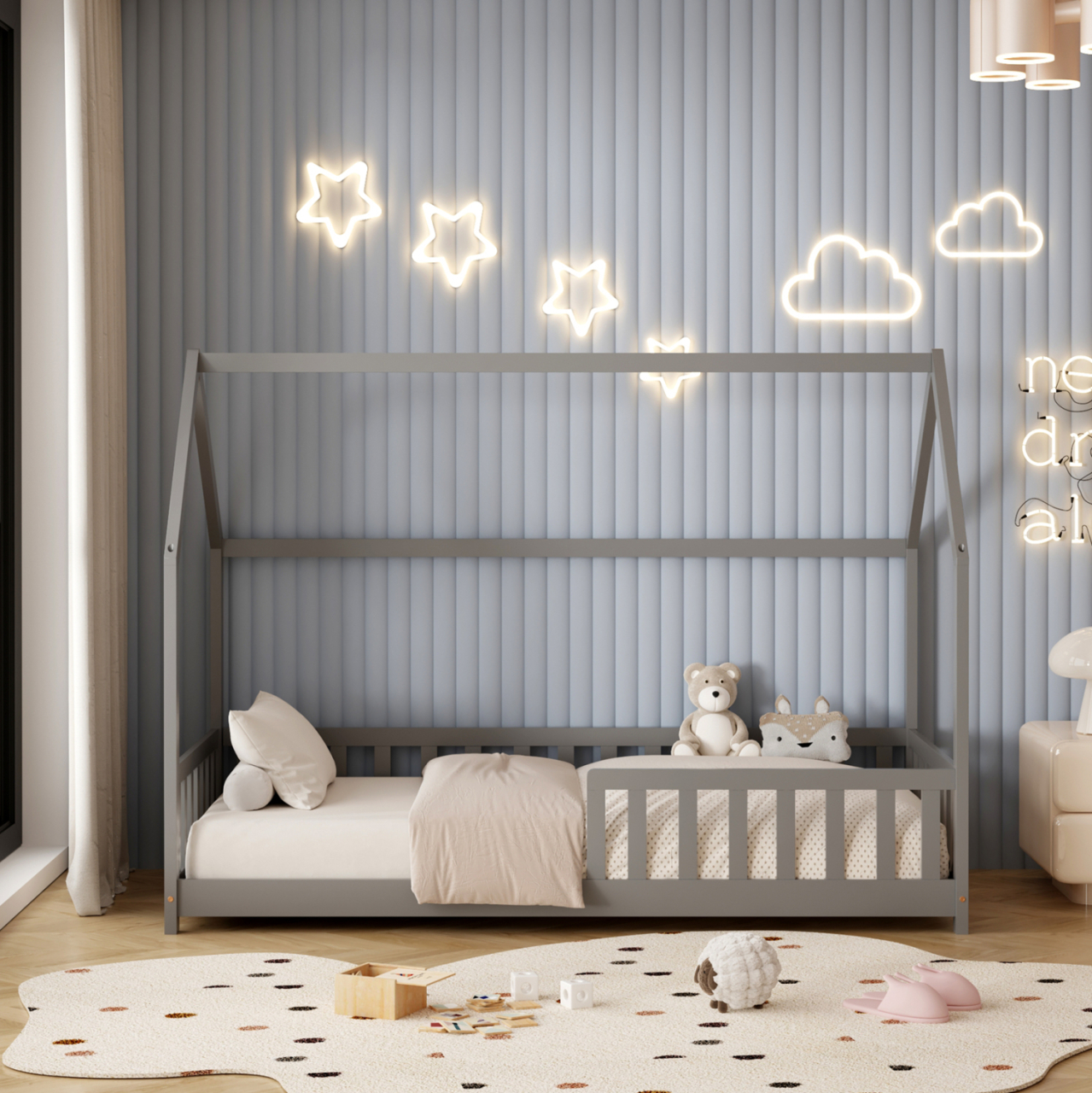 BED WITH MATTRESS PHYLLIS HM21304.02 PINE WOOD IN GREY COLOR--MATTRESS 90x190cm [5]