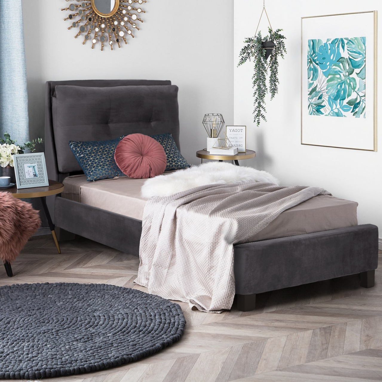 BED WITH MATTRESS RILEY HM21282.01 GREY VELVET--FOR MATTRESS 90x200cm [2]