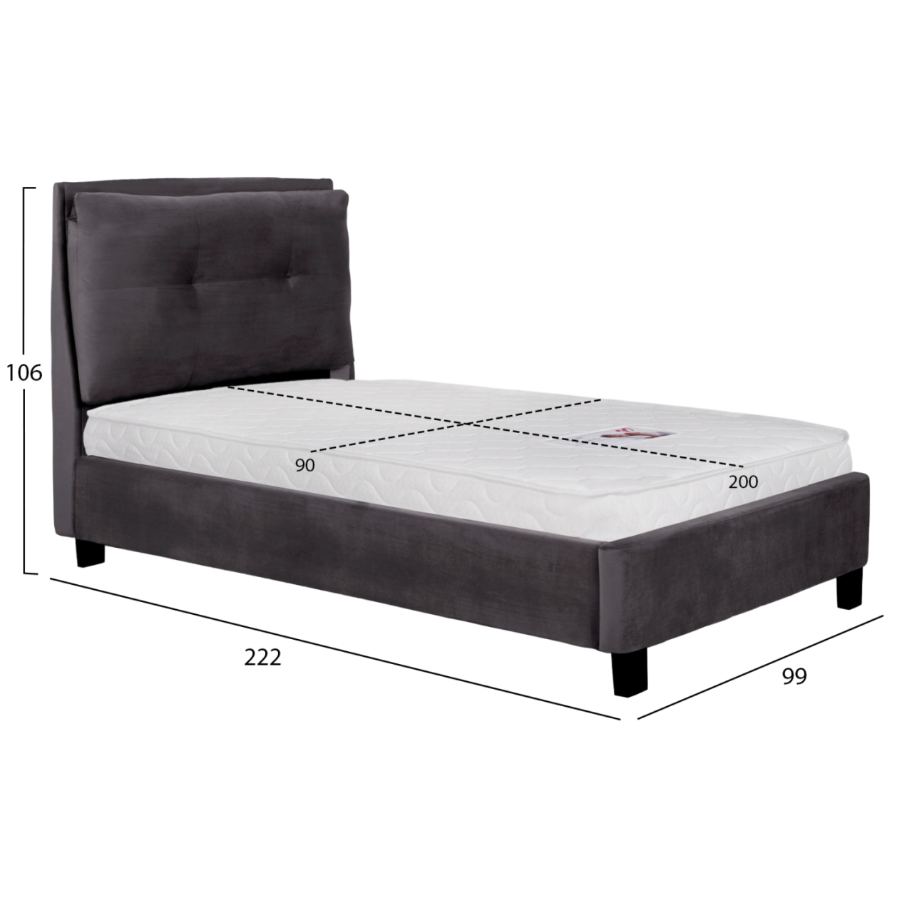 BED WITH MATTRESS RILEY HM21282.01 GREY VELVET--FOR MATTRESS 90x200cm [3]