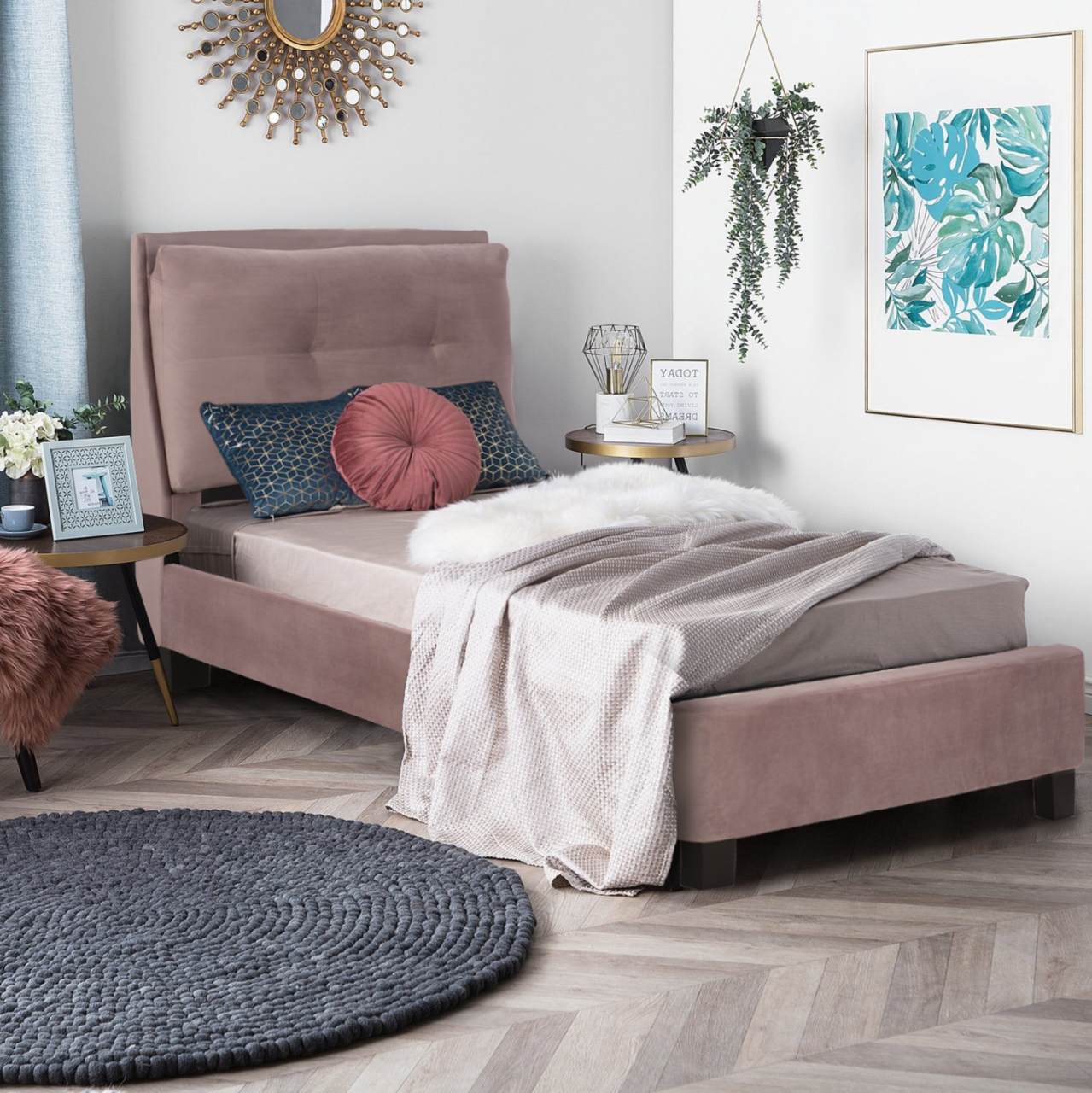 BED WITH MATTRESS RILEY HM21282.02 DUSTY PINK VELVET--FOR MATTRESS 90x200cm [2]