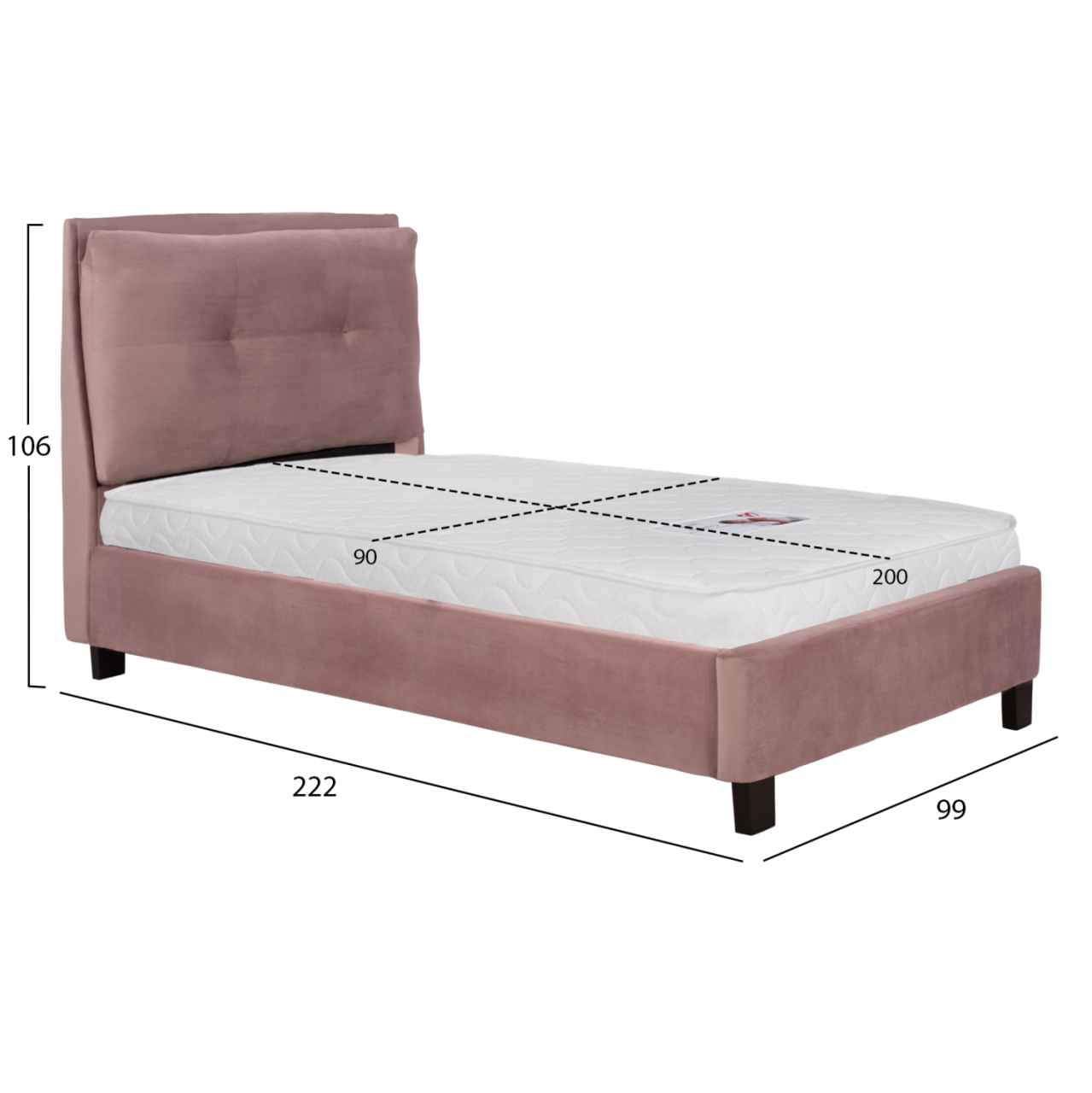 BED WITH MATTRESS RILEY HM21282.02 DUSTY PINK VELVET--FOR MATTRESS 90x200cm [3]