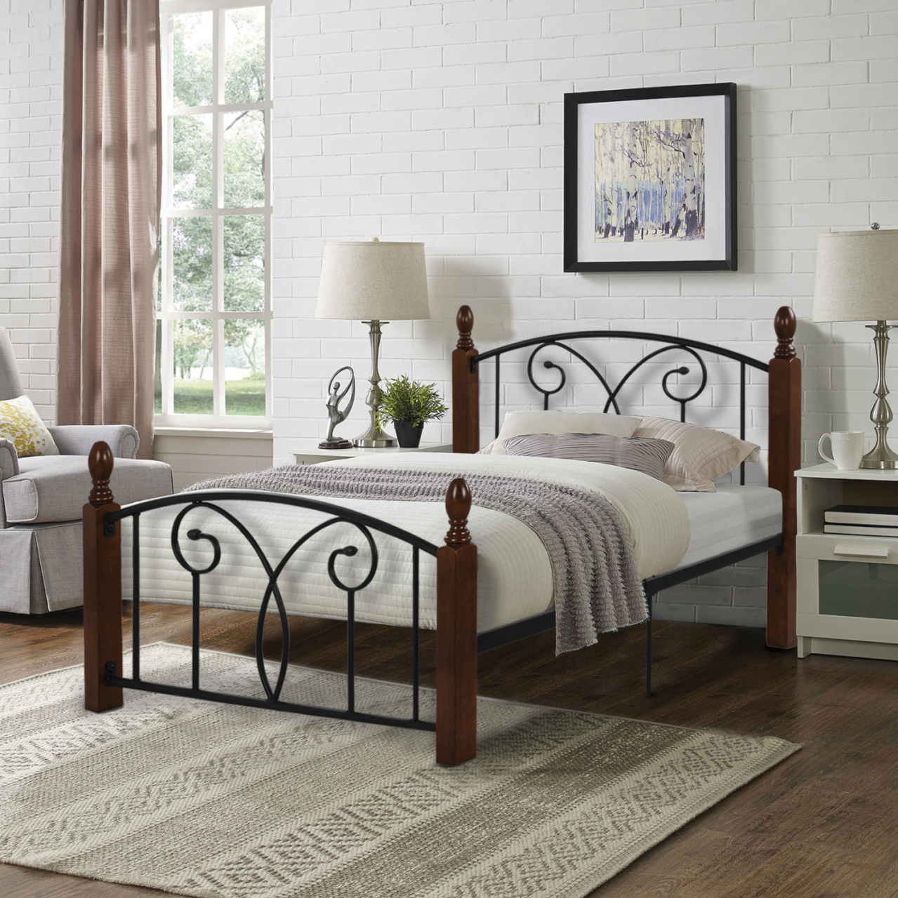 BED WITH MATTRESS SUZIE HM21331 METAL and WOOD IN WALNUT--MATTRESS 90x190cm [2]