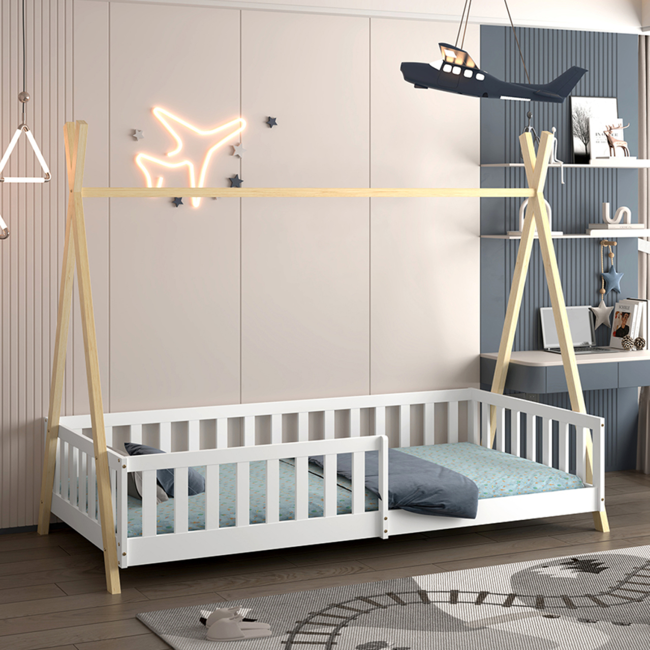 BED WITH RAILINGS MUNK HM21325 PINE WOOD IN NATURAL WOOD/WHITE COLOR--WITH MATTRESS 90x190cm [2]