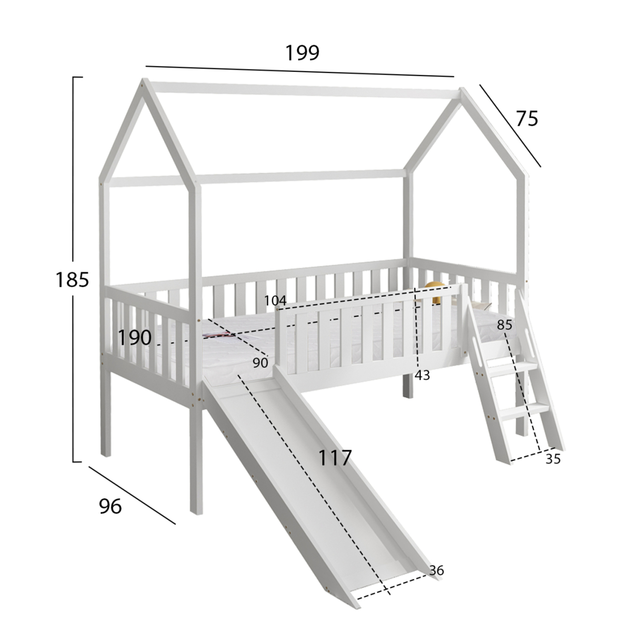 BED WITH SLIDE PHYLLIS HM21310.01 PINE WOOD IN WHITE--WITH MATTRESS 90x190cm [3]