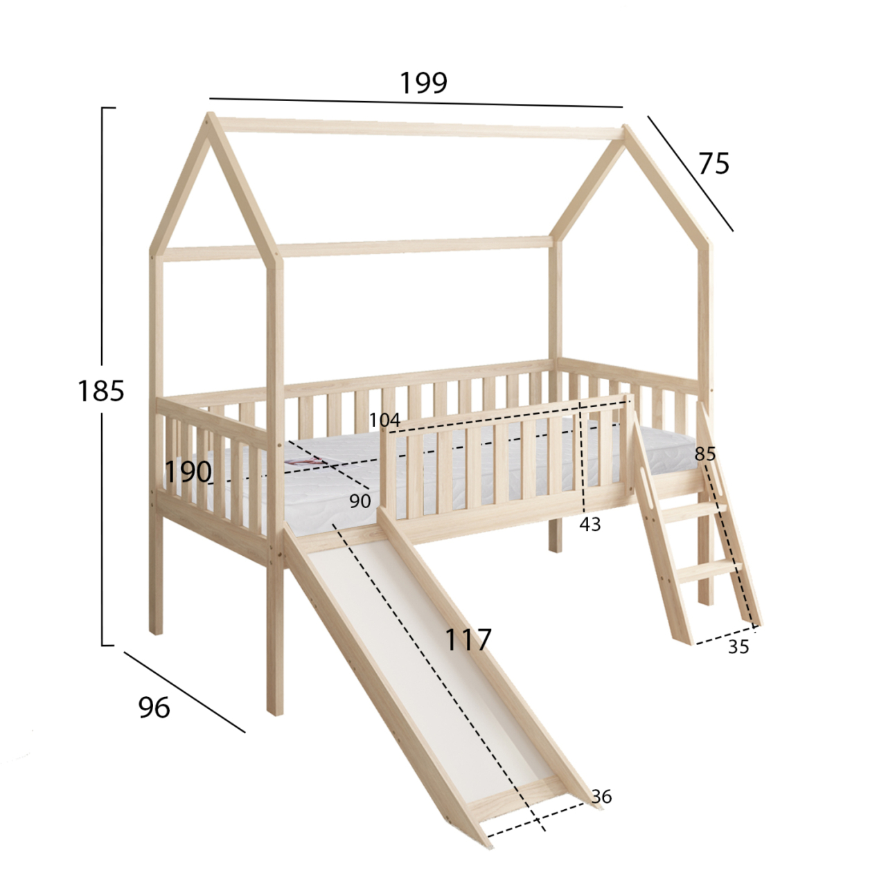 BED WITH SLIDE PHYLLIS HM21310 PINE WOOD IN NATURAL--WITH MATTRESS 90x190cm [3]