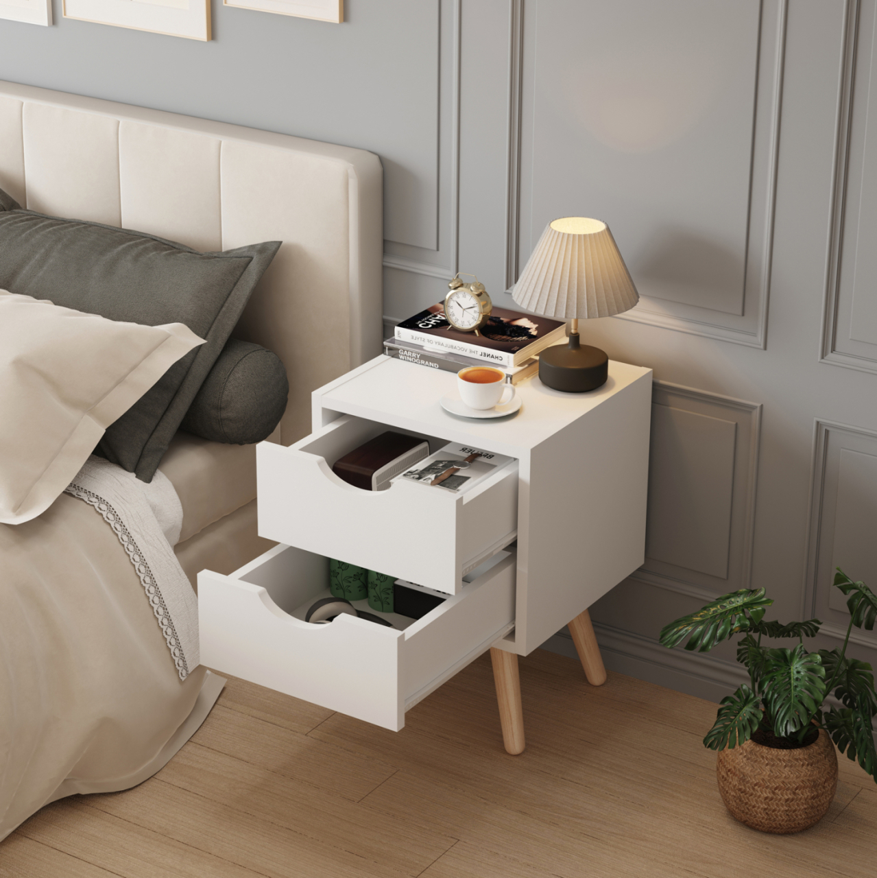 BEDSIDE STAND DINKL HM2472.03 MELAMINE-2 DRAWERS IN WHITE 29,7x29,7x45Hcm. [5]