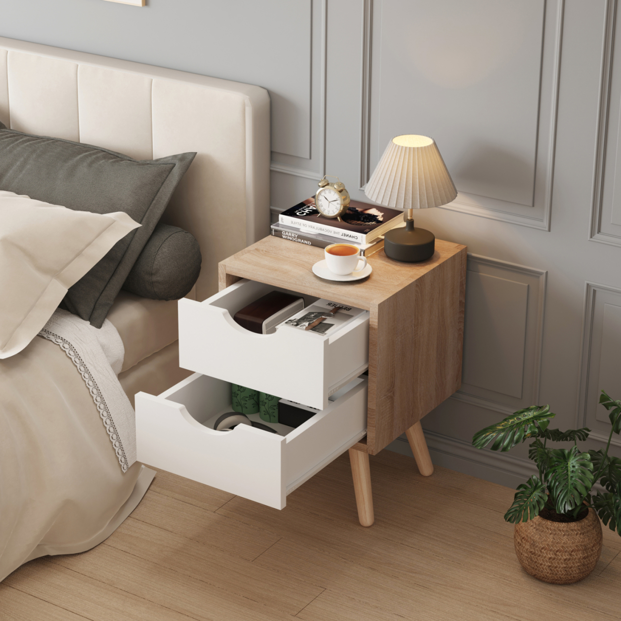 BEDSIDE STAND DINKL HM2472.04 MELAMINE-2 DRAWERS IN SONAMA-WHITE 29,7x29,7x45Hcm. [5]