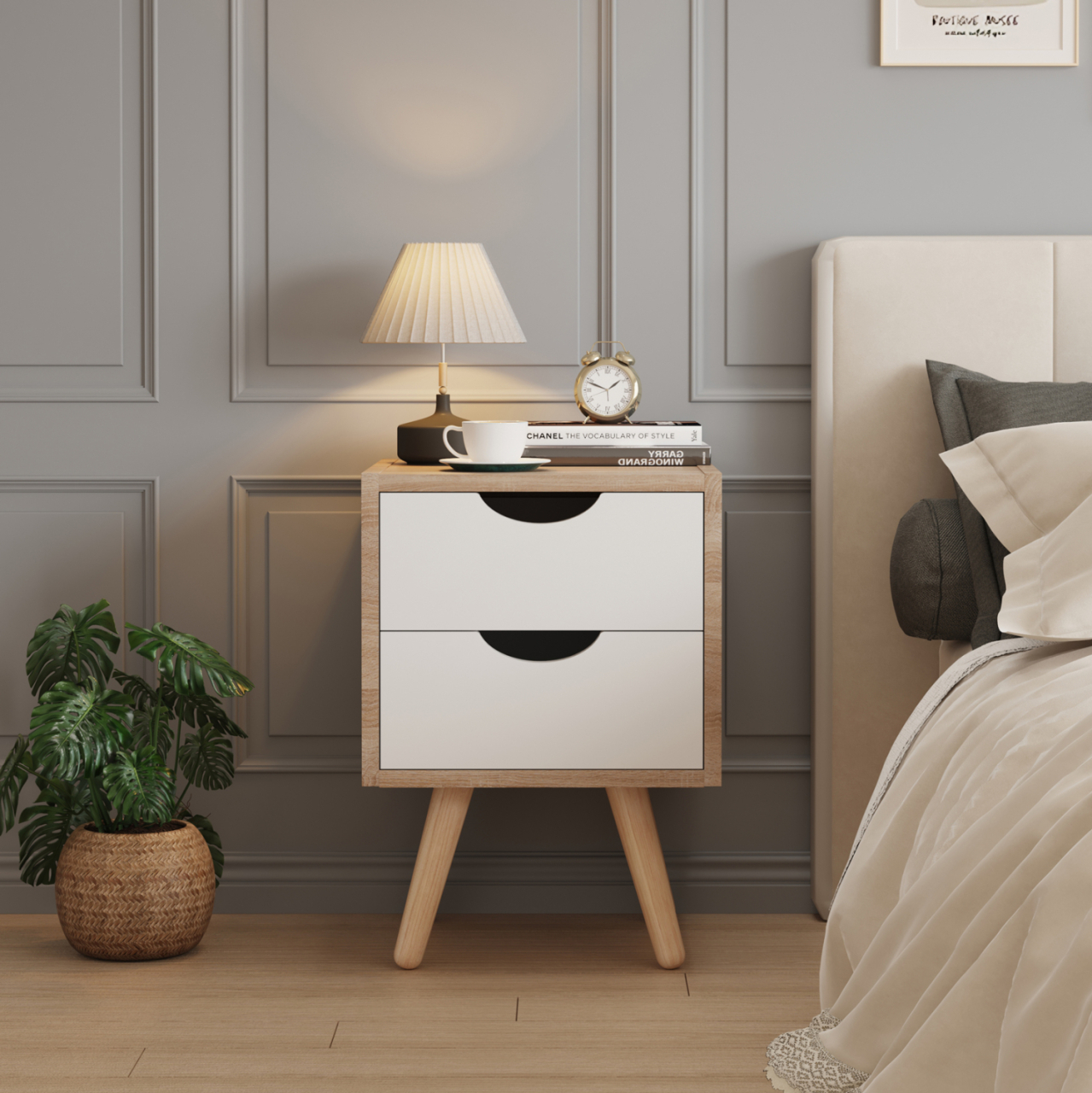 BEDSIDE STAND DINKL HM2472.04 MELAMINE-2 DRAWERS IN SONAMA-WHITE 29,7x29,7x45Hcm. [4]