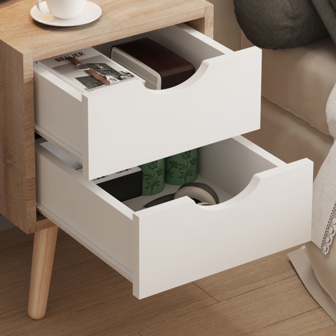 BEDSIDE STAND DINKL HM2472.04 MELAMINE-2 DRAWERS IN SONAMA-WHITE 29,7x29,7x45Hcm. [6]