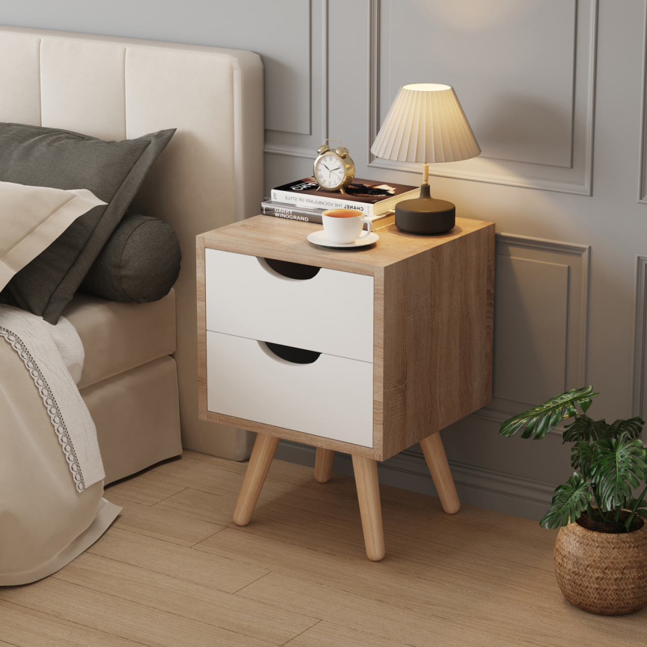 BEDSIDE STAND DINKL HM2472.04 MELAMINE-2 DRAWERS IN SONAMA-WHITE 29,7x29,7x45Hcm. [3]