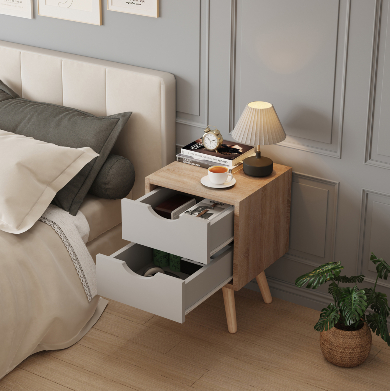 BEDSIDE STAND DINKL HM2472.05 MELAMINE-2 DRAWERS IN SONAMA-GREY 29,7x29,7x45Hcm. [5]
