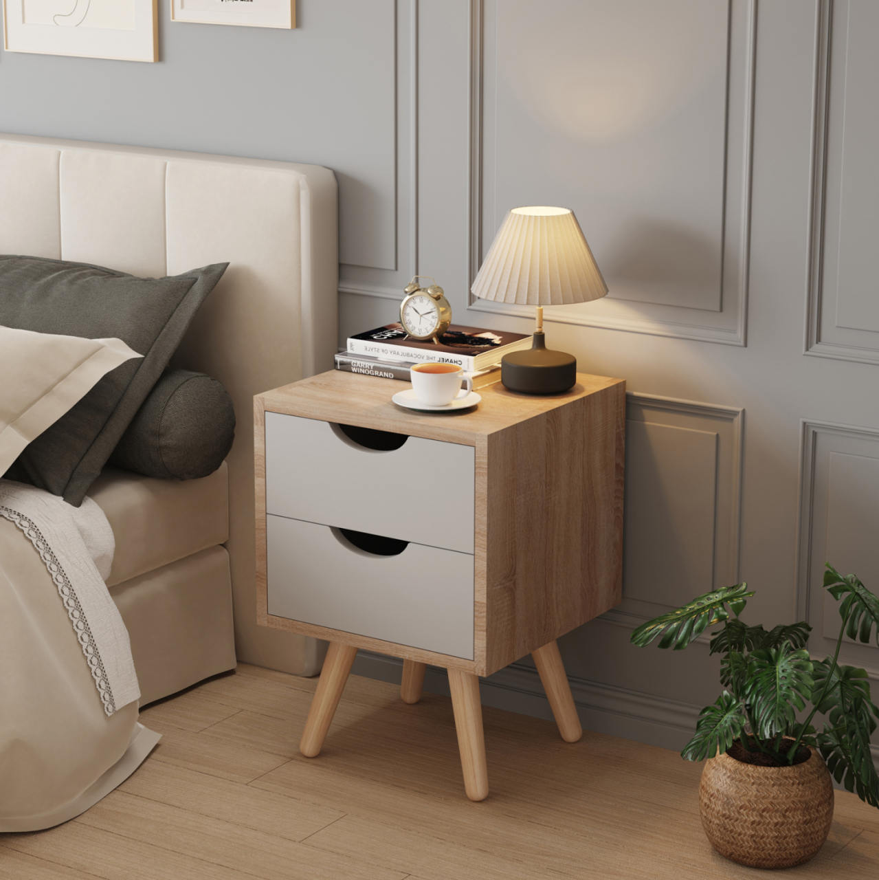 BEDSIDE STAND DINKL HM2472.05 MELAMINE-2 DRAWERS IN SONAMA-GREY 29,7x29,7x45Hcm. [3]