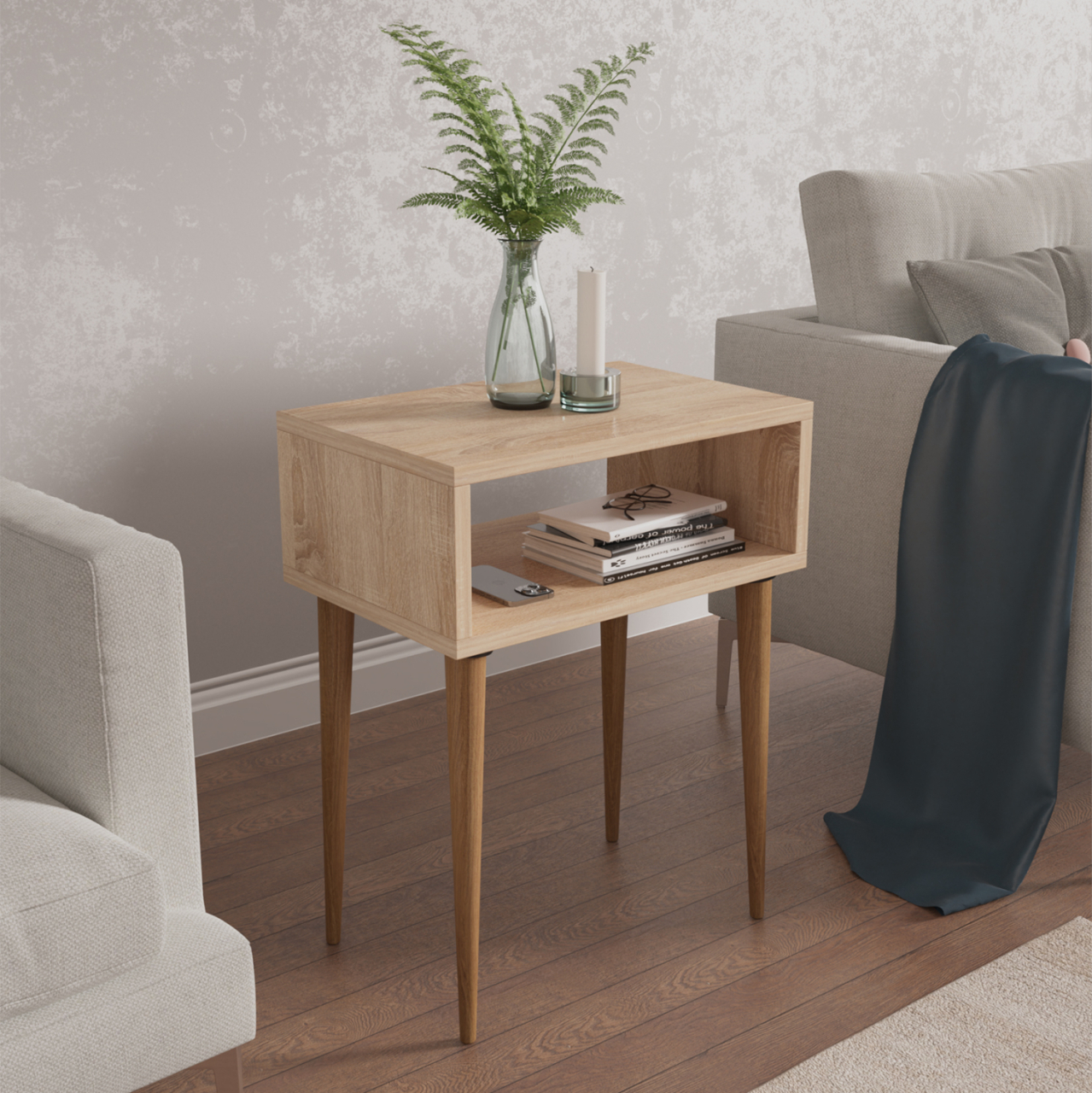 BEDSIDE STAND TODD HM18183.03 MELAMINE IN SONAMA-LEGS IN NATURAL WOOD COLOR 46x30x59Hcm. [2]