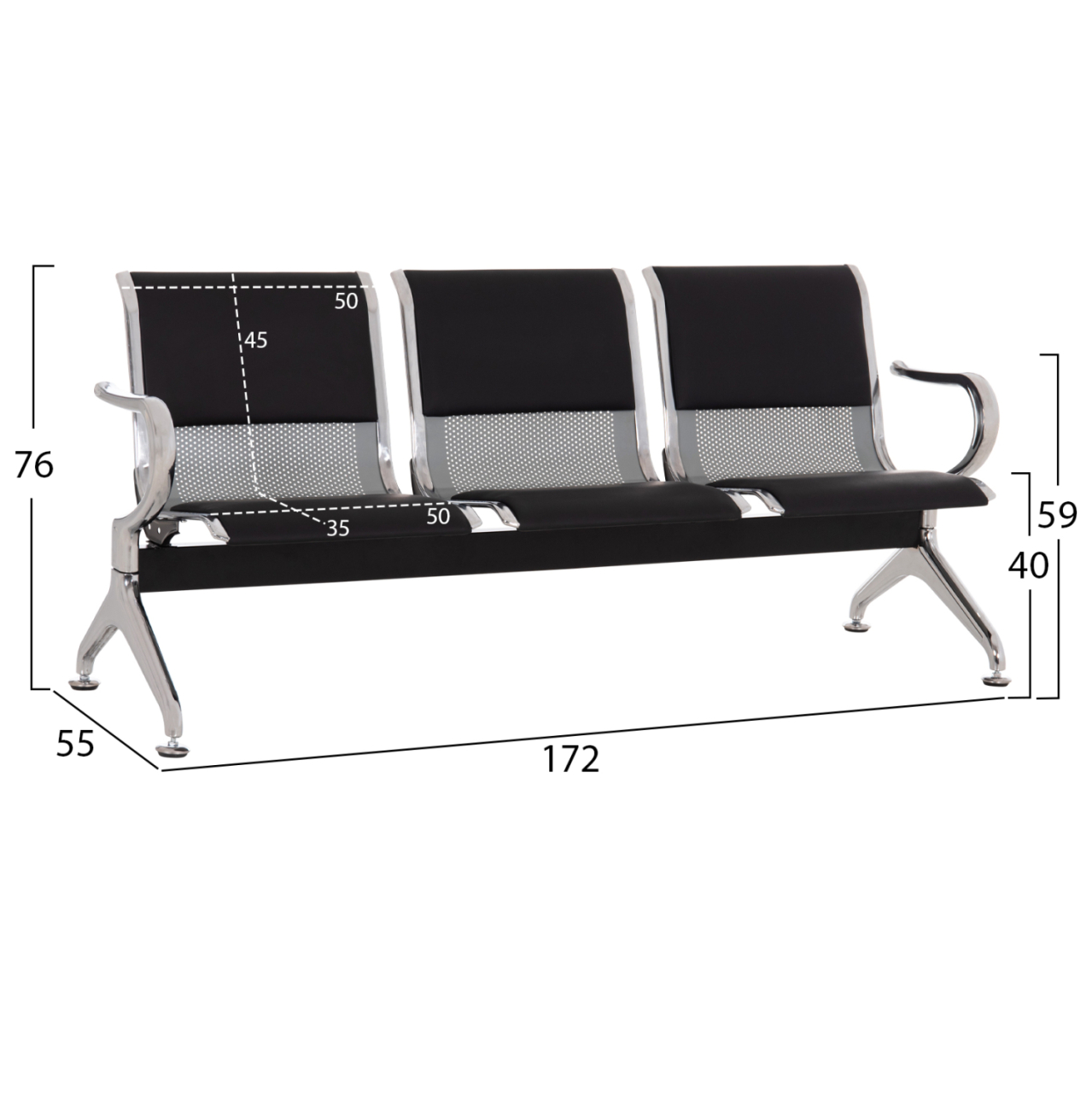 BENCH 3-SEATER AIRPORT-TYPE AVIATOR HM18400 METALLIC WITH BLACK PU 172x55x76Hcm. [2]