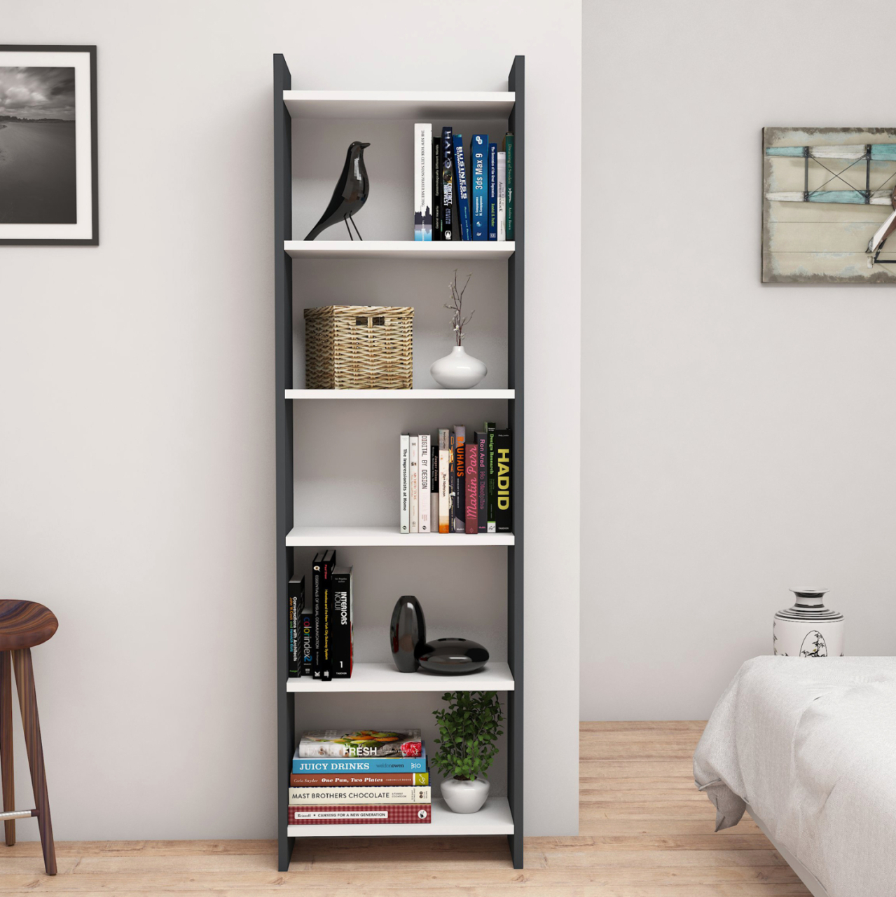 BOOKCASE CLASSIKER HM9226.13 MELAMINE DARK GREY-WHITE 48,5x22x160Hcm. [3]