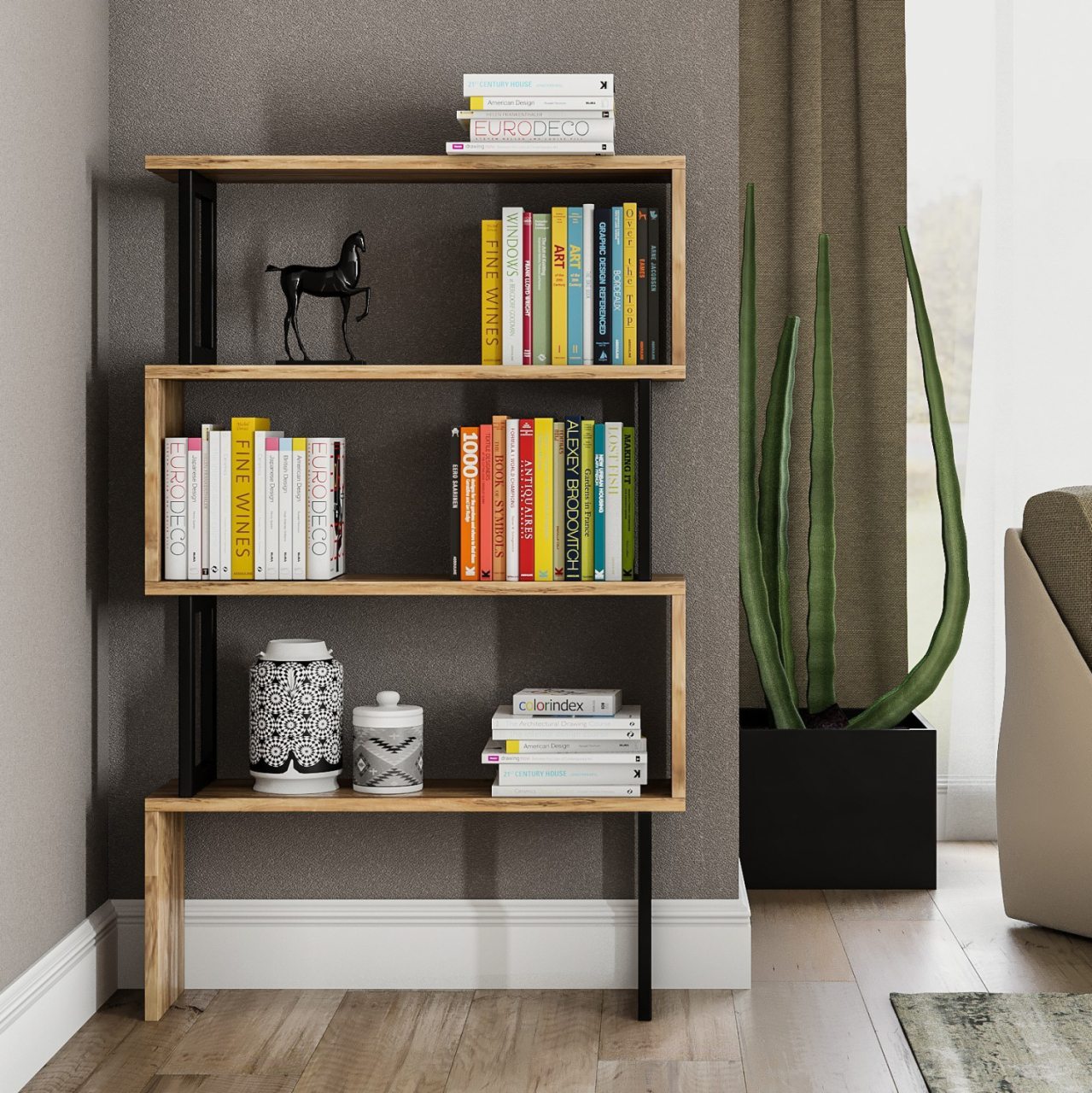 BOOKCASE IN WALNUT WITH BLACK FRAME HM8867.01 80x22x128cm. [5]