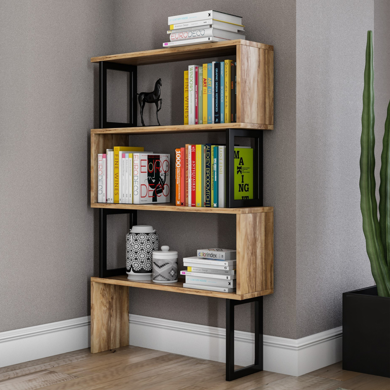 BOOKCASE IN WALNUT WITH BLACK FRAME HM8867.01 80x22x128cm. [2]