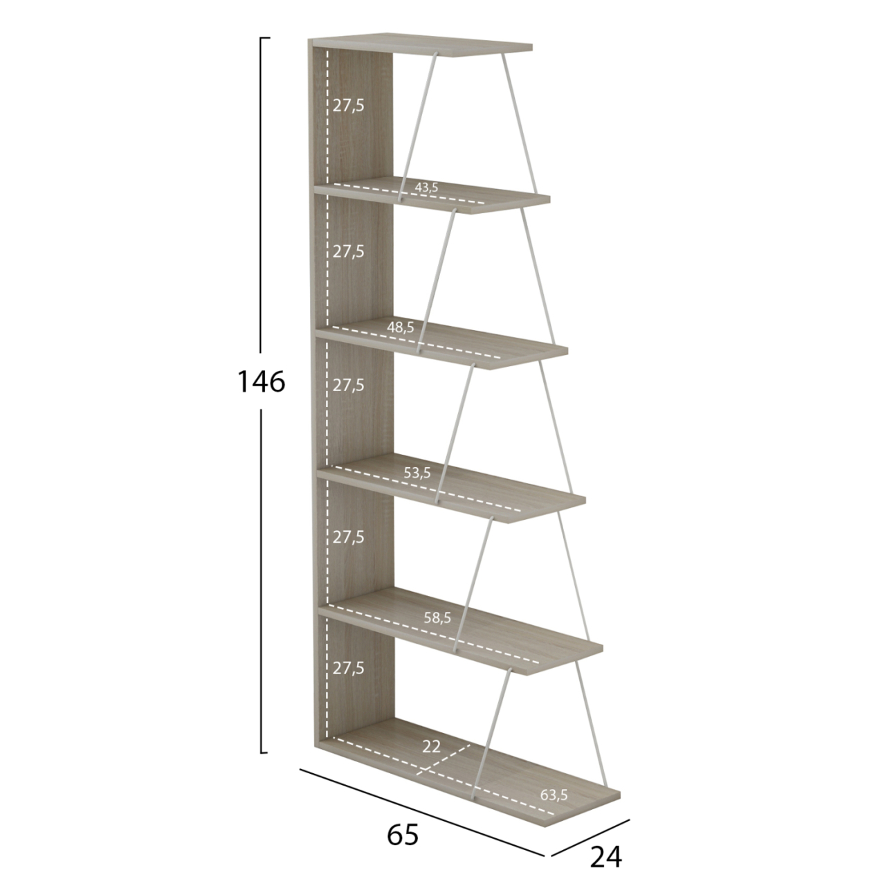 BOOKCASE MINI TARS HM2241.11 SONOMA MELAMINE-WHITE METAL RODS 65x22-24x146Hcm. [2]