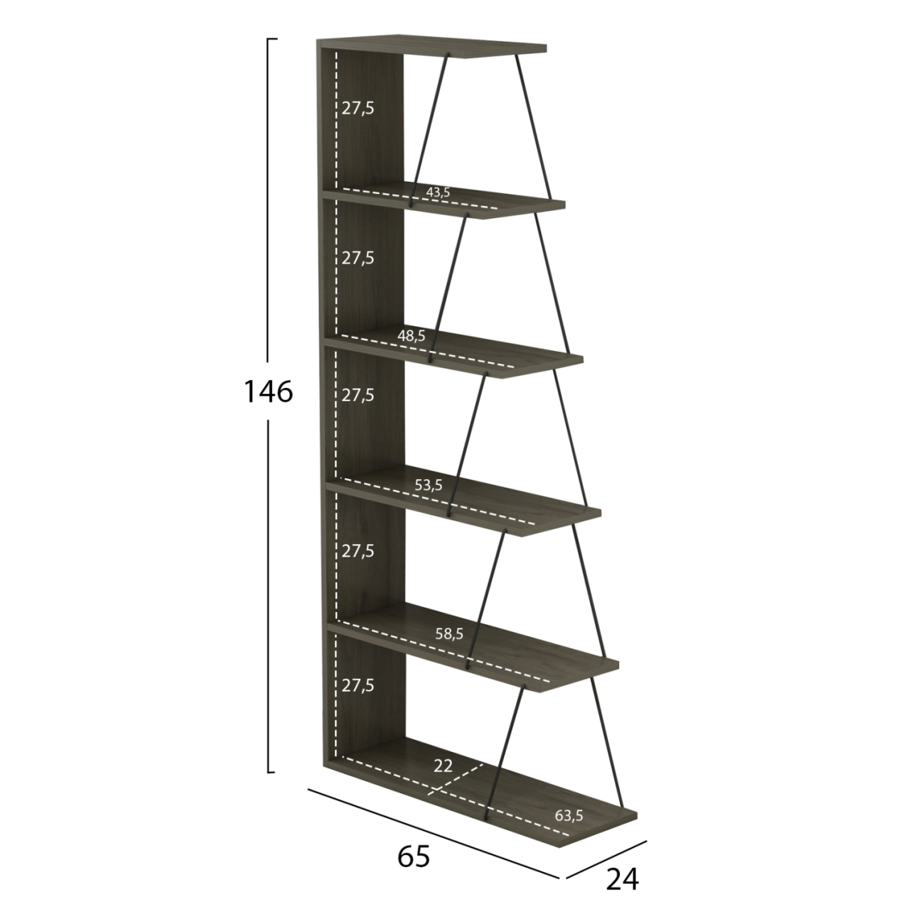 BOOKCASE MINI TARS HM2241.13 OLIVE GREY MELAMINE-BLACK METAL RODS 65x22-24x146Hcm. [2]