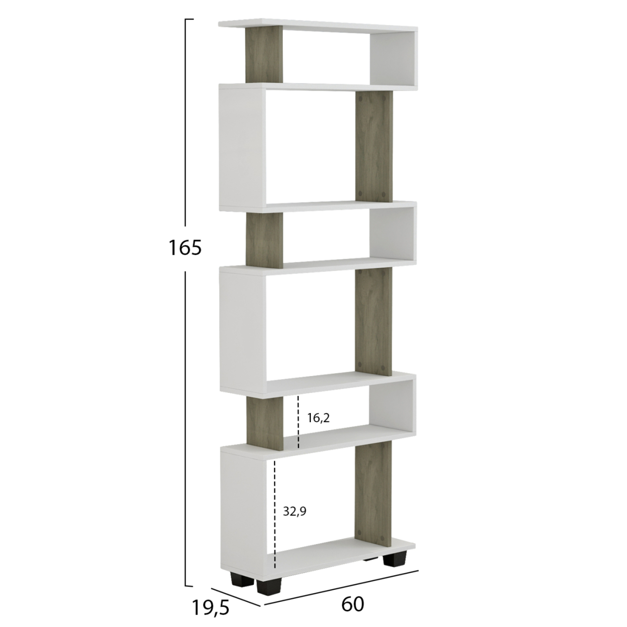BOOKCASE OWL MELAMINE IN OLIVE GREY WHITE 60x19,5x165Hcm.HM8923.11 [2]