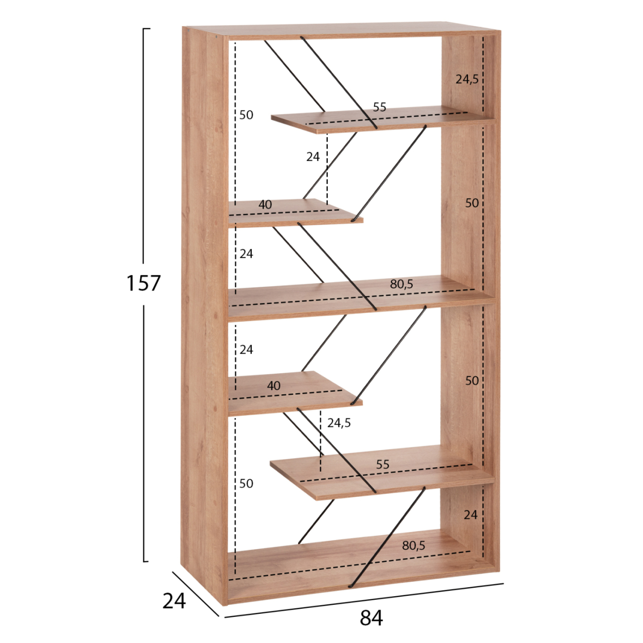 BOOKCASE TARS HM2240.14 NATURAL OAK MELAMINE-BLACK METAL RODS 84x24x157Hcm. [2]