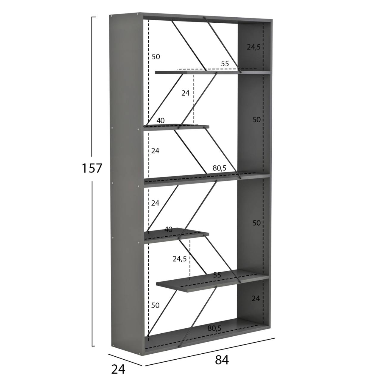 BOOKCASE TARS HM2240.20 GREY MELAMINE-BLACK METAL RODS 84x24x157Hcm. [2]