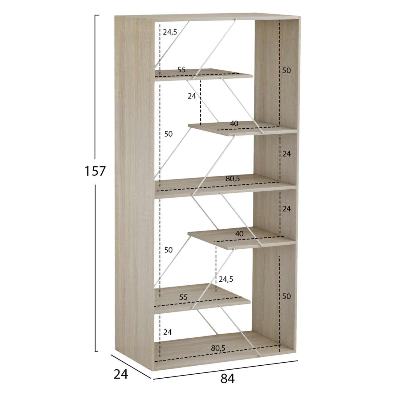 BOOKCASE TARS MELAMINE SONOMA-WHITE METAL RODS 84x24x157Hcm.HM2240.11 [2]