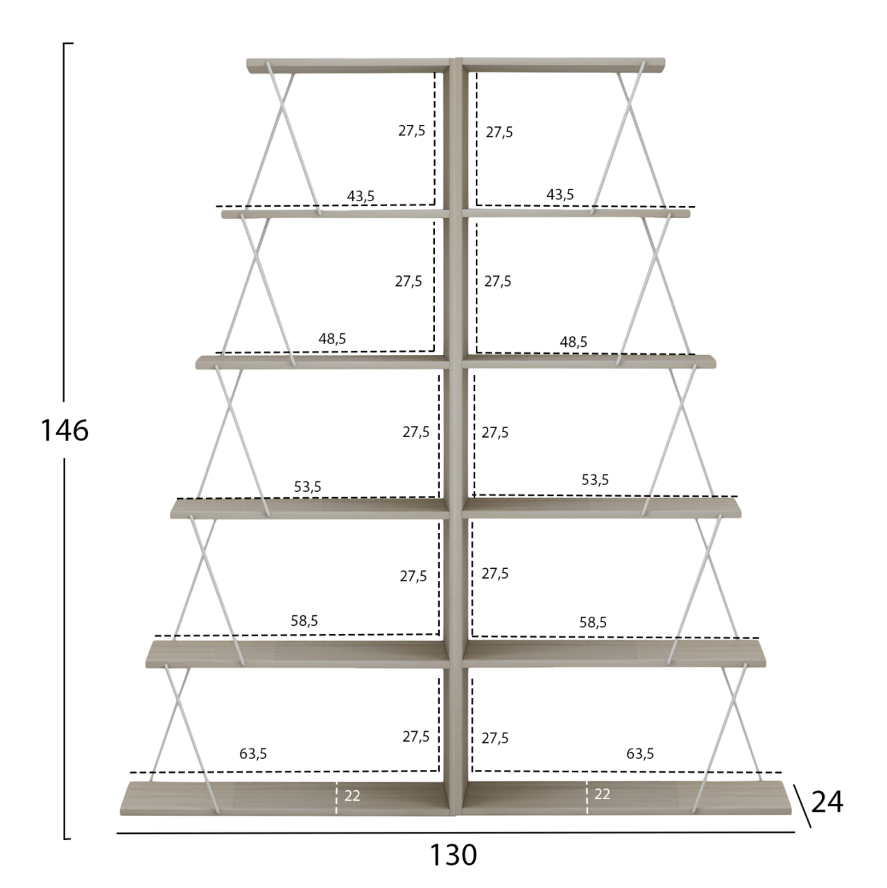 BOOKCASES 2PCS SET HM11772.11 MELAMINE IN SONAMA COLOR-WHITE METAL RODS 65x24x146Υεκ.(x2) [2]