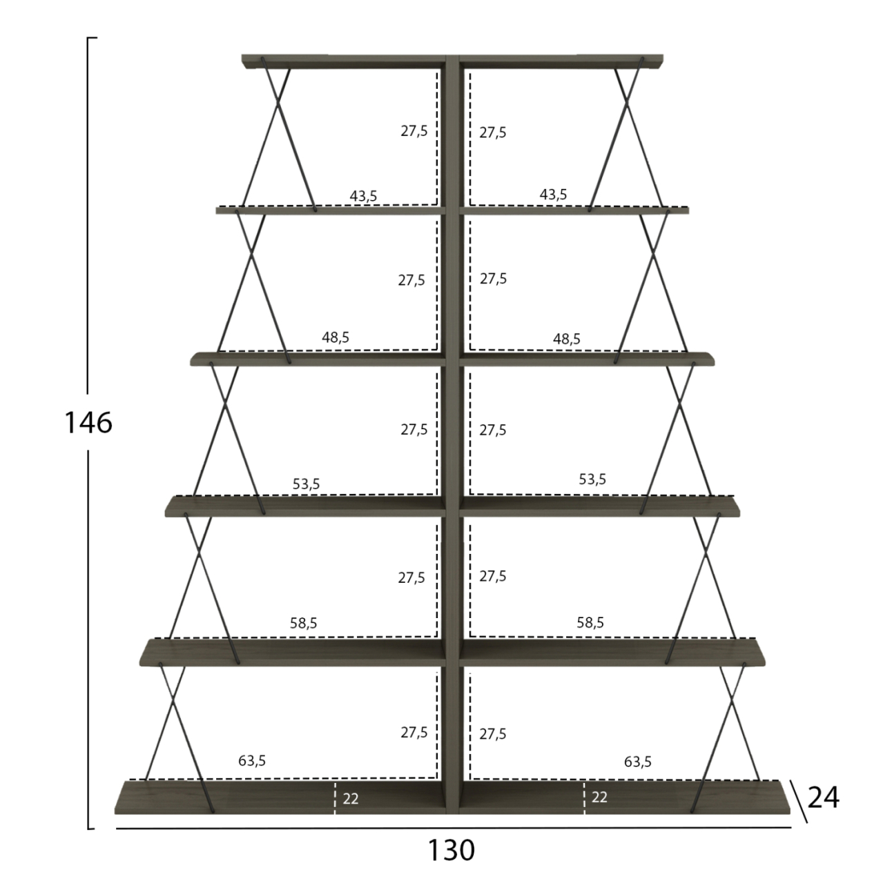 BOOKCASES 2PCS SET MINI TARS HM11772.13 MELAMINE IN OLIVE GREY COLOR-BLACK METAL RODS 65x24x146Hcm.(x2) [2]