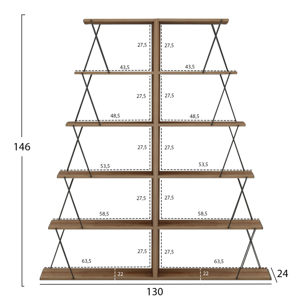 BOOKCASES 2PCS SET MINI TARS HM11772.14 MELAMINE IN OAK COLOR-BLACK METAL RODS 65x24x146Hcm.(x2) [2]