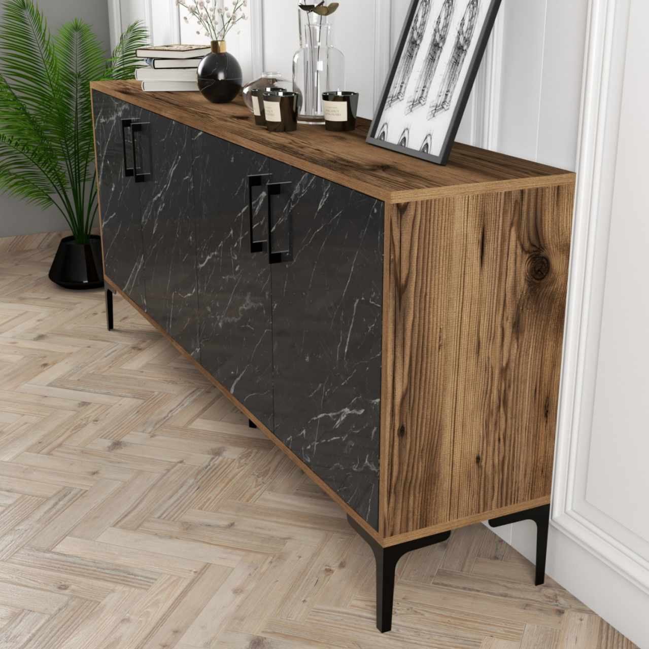 BUFFET HM9428.03 MELAMINE WALNUT WITH BLACK MARBLE-LOOK DOORS 180x35x78Hcm. [4]