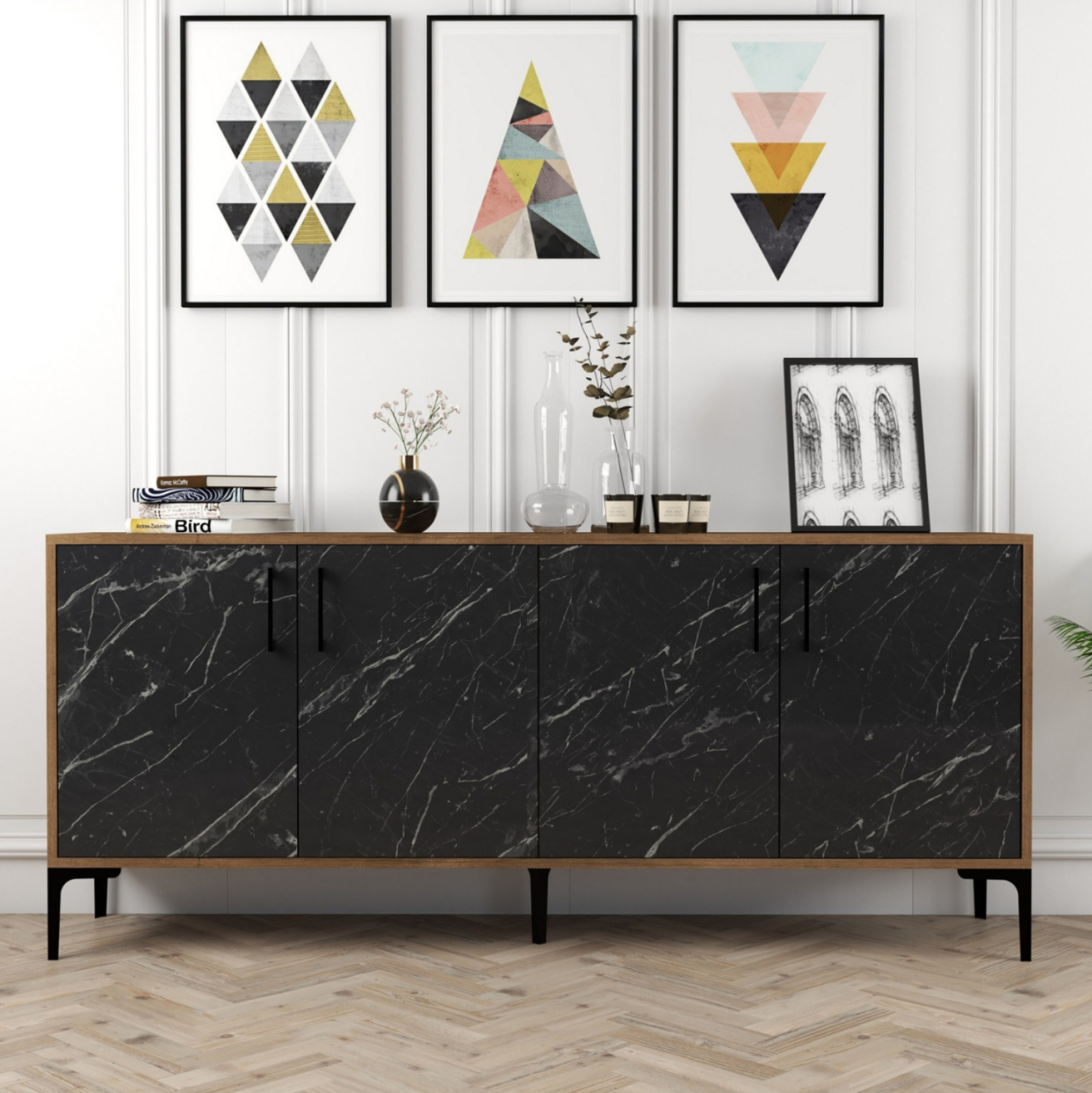 BUFFET HM9428.03 MELAMINE WALNUT WITH BLACK MARBLE-LOOK DOORS 180x35x78Hcm. [5]